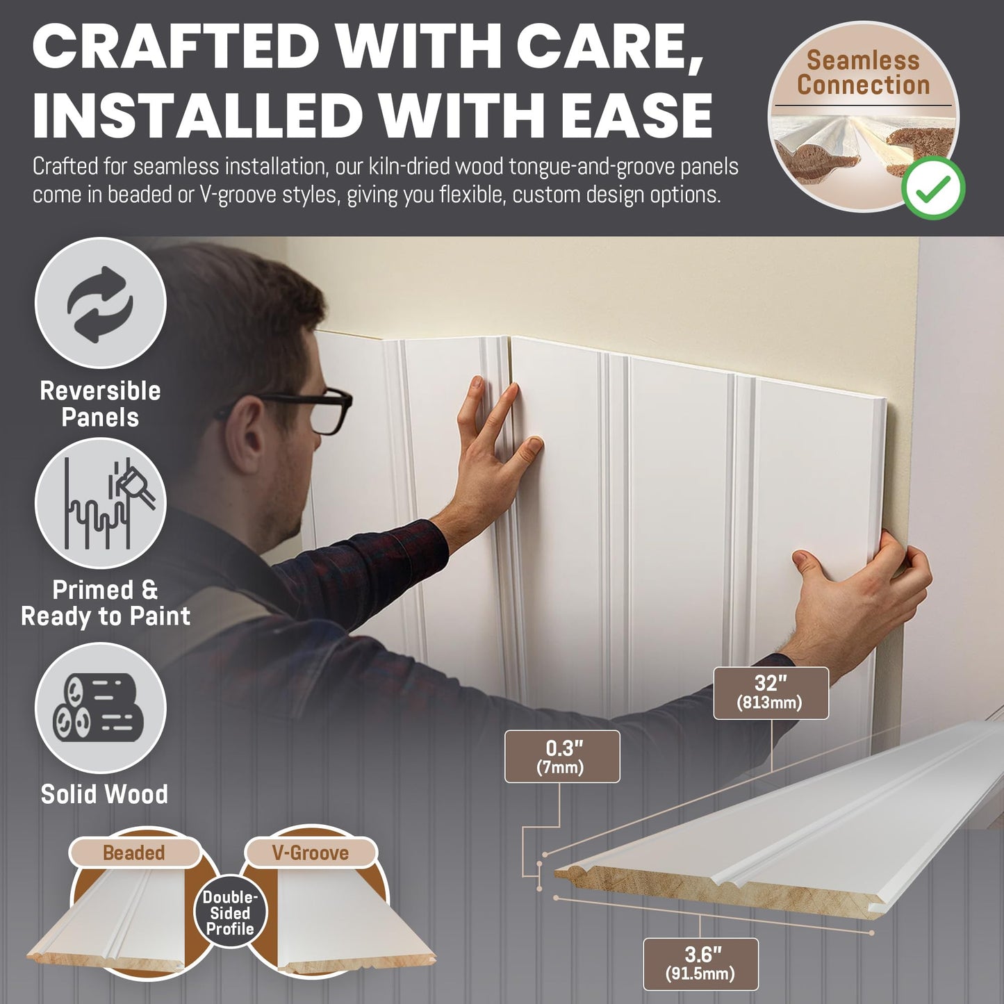 Interwood Real Wood Beadboard Wainscoting Panels - Primed Tongue and Groove Pine Solid Wood Wall Panels, 32” Tall, Knot-Free Interior Wall Paneling, Ready to Paint, 12 Planks (Covers 3.5 Lin. Ft.)