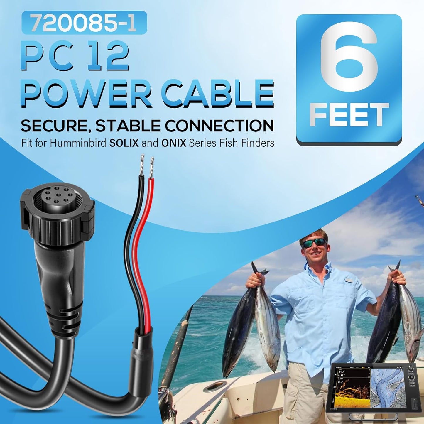 Bonbo 12 6' Humminbird 720085-1 (6 PC Power Cord Power Cable Fit for SOLIX and Onix Series Fish Finders Foot)