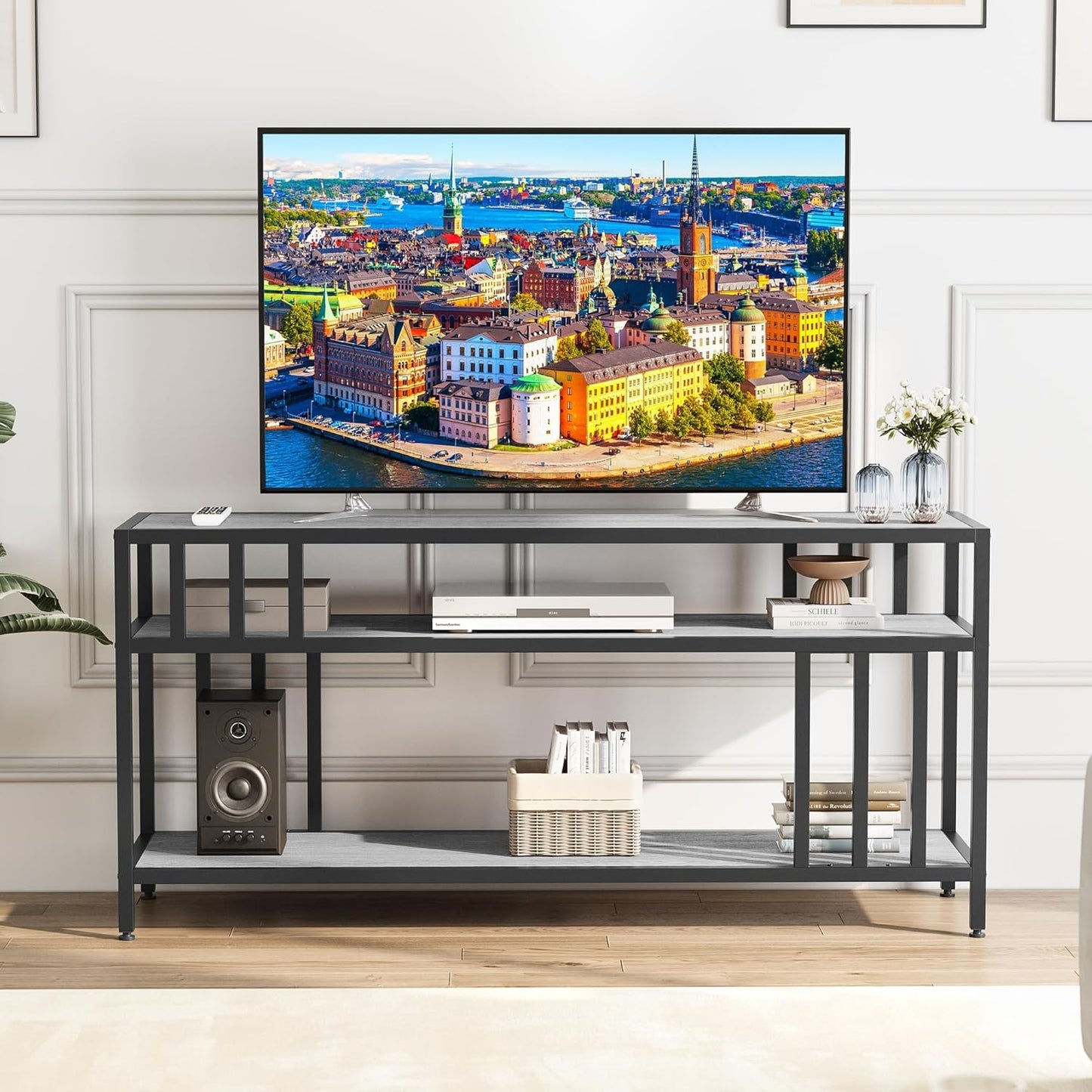 GarveeTech 58'' TV Stand Fits TV up to 65'', TV Media Console with 3-Tier Open Storage Shelves, Industrial Entertainment Center with Quadruple-Tube Support for Living Room, Gray