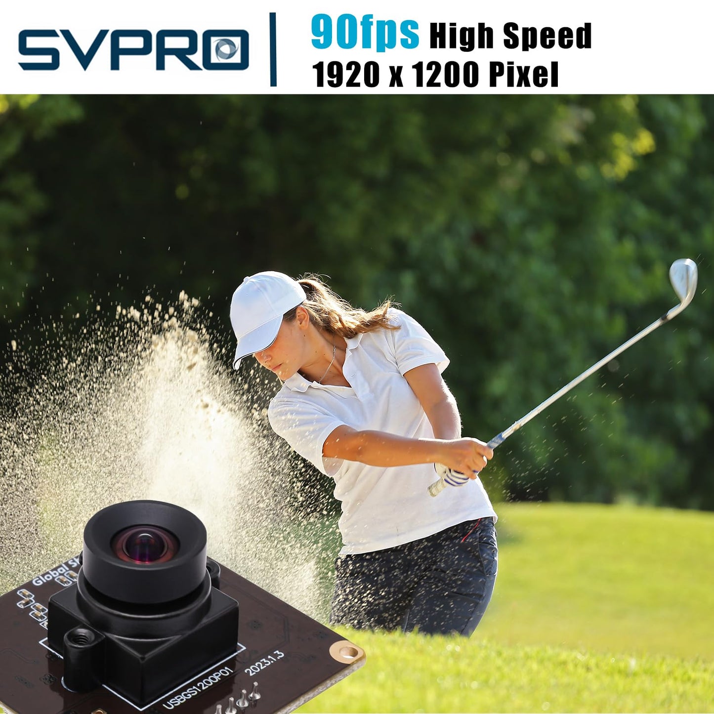 SVPRO Global Shutter USB Camera Module 90fps High Speed Webcam Board 1920x1200 2MP AR0234 UVC Webcam Module with Distortion Free M12 Lens for Computer,Slow Motion Board Camera for Golf Swing