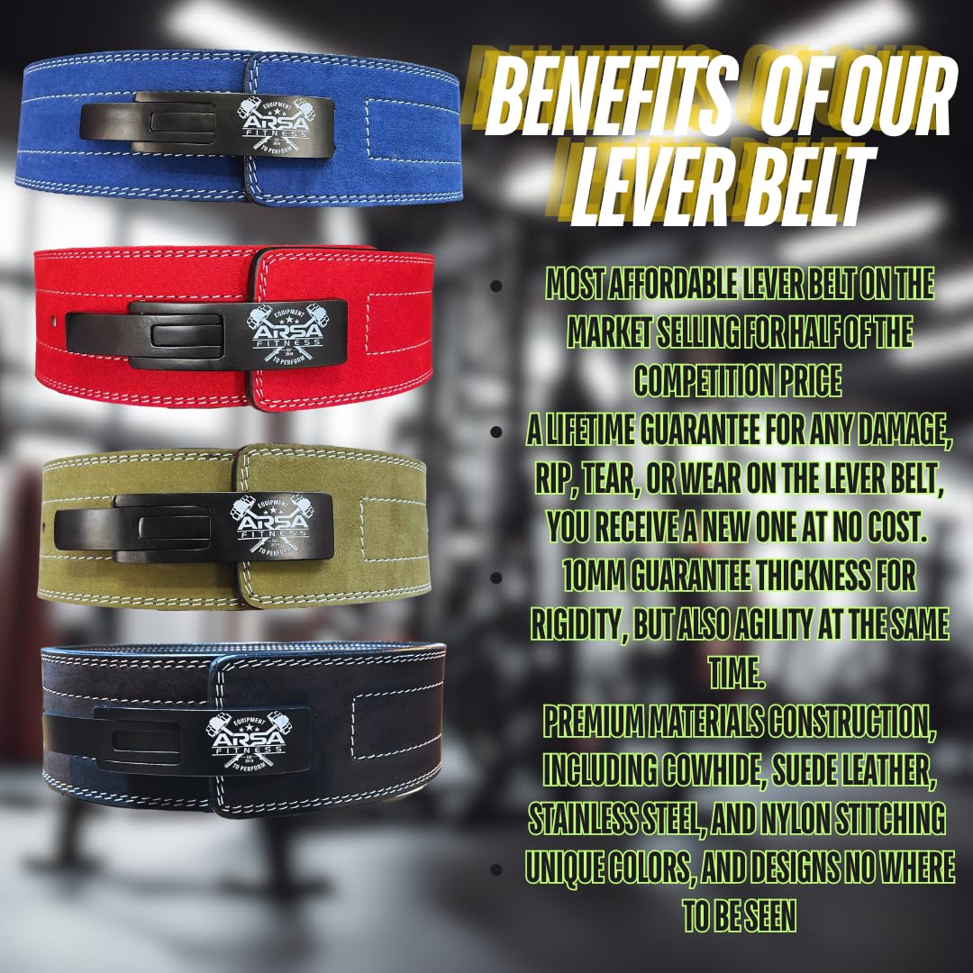 Arsa Fitness Weightlifting Adjustable Lever Belt for Men & Women Real Suede Hide Leather for Powerlifting Back Support Workout Deadlifts Squats 10MM Thickness 4" Width (GREEN, Small)