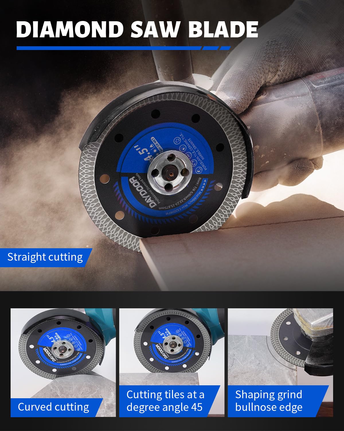 DAYDOOR Diamond Hole Saw Kit, 15-Piece Tile Hole Saw Kit 1/4" 5/16" 4/5" 1" 1-3/8" 2" 3" 4",Vacuum Brazed Core Drill Bits for Porcelain Tile, Granite, Marble, Stone(Blue)