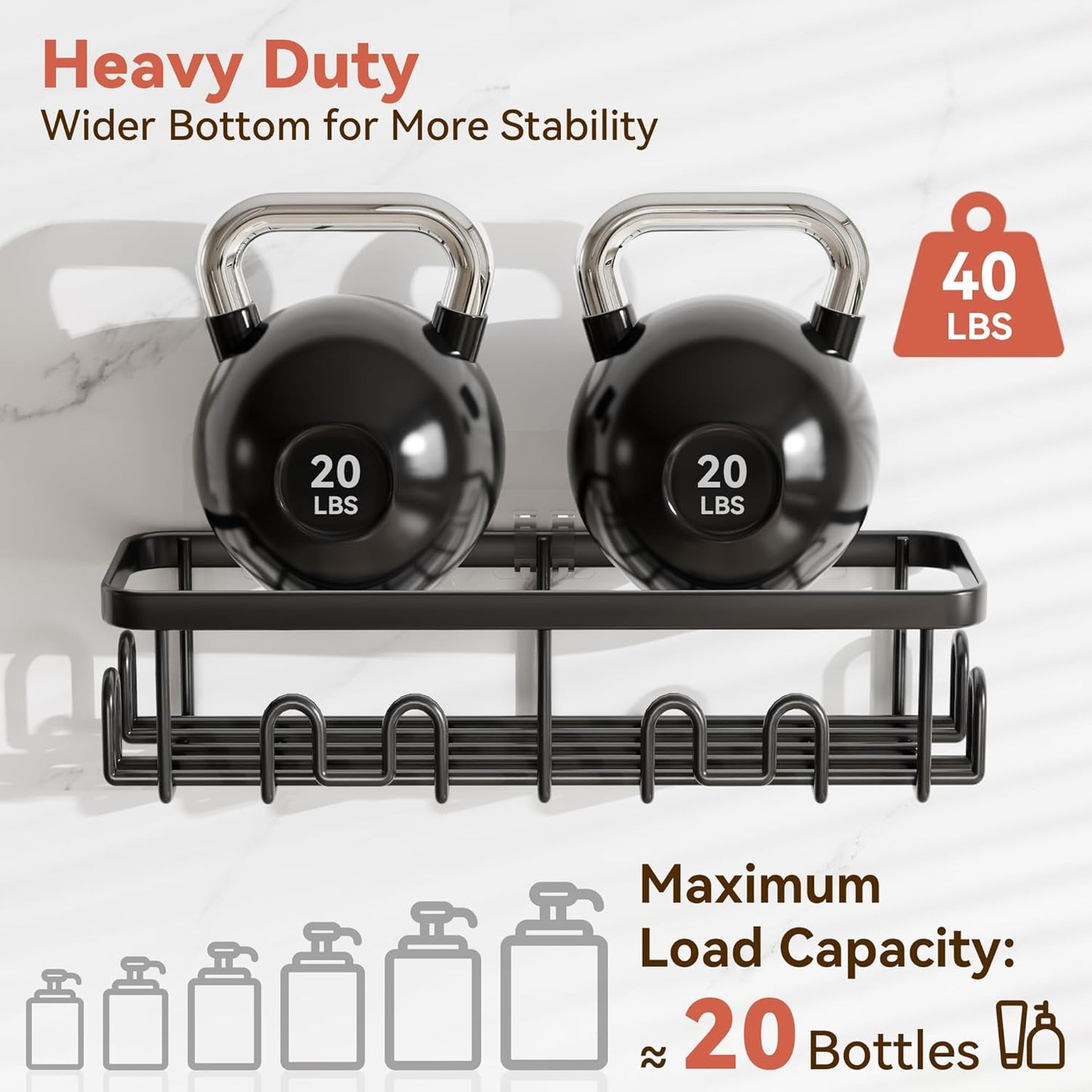 YASONIC Adhesive Shower Caddy - Rustproof 2-Pack Black Shower Shelves with Soap & Toothbrush Holder