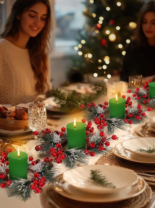 Christmas Candle Rings | Festive Wreath Garland for 3" Dia Pillar Candles with Red Berries