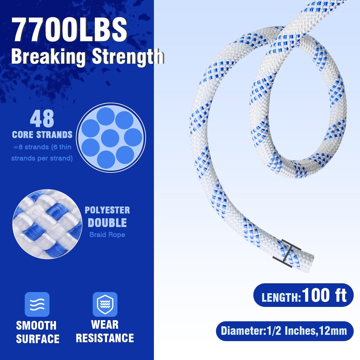 Heavy-Duty Double Block and Tackle Pulley System – 100Ft x 1/2'' Rope, 7700 LB(35KN) Breaking Strength, 4:1 Lifting Ratio – Ideal for Garage, Attic, and Heavy Lifting Applications