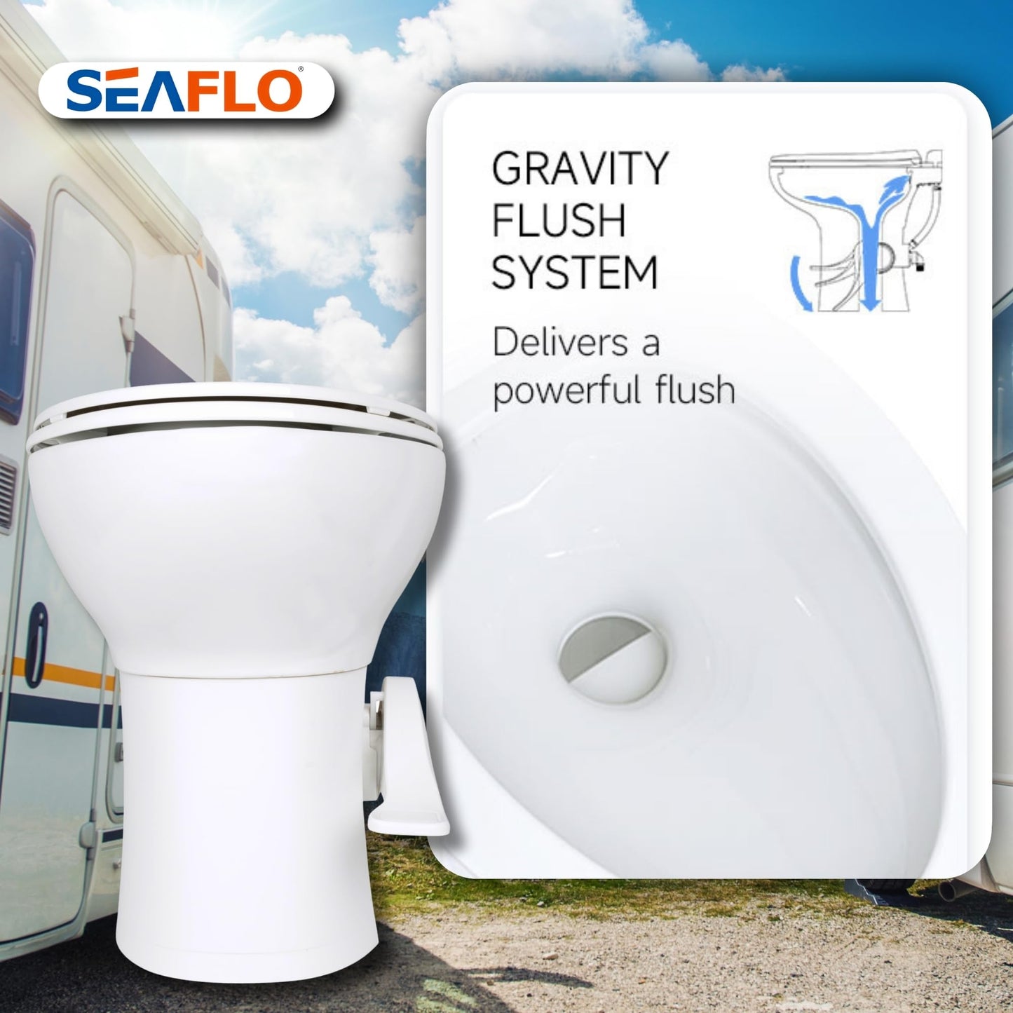 SEAFLO Porcelain RV Toilet with Elongated Bowl, 19” Residential Height, Gravity Flush, Foot Pedal Flush, Soft Close Seat, Easy Install, Camper Toilet, 4-Year Warranty, SFRTCH-02-01