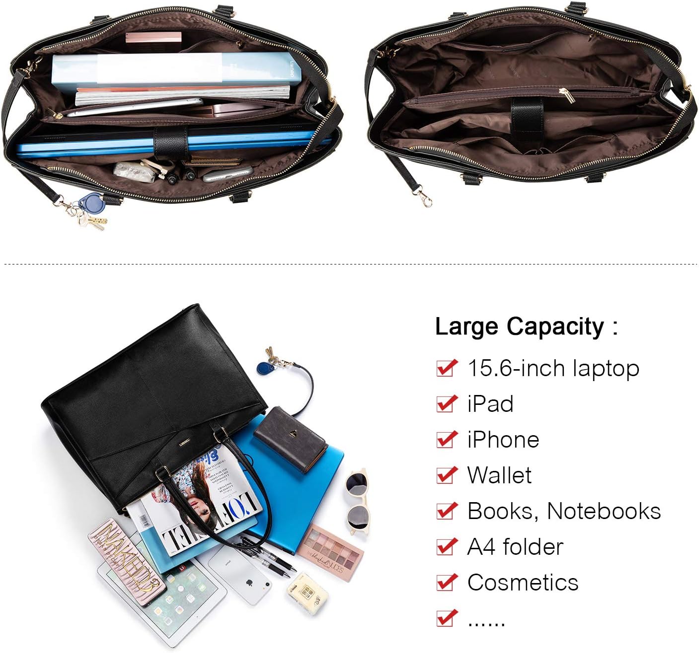 LOVEVOOK 15.6 Inch Laptop Tote Bag for Women Waterproof Leather Computer Bags Business Office Work Briefcase Black