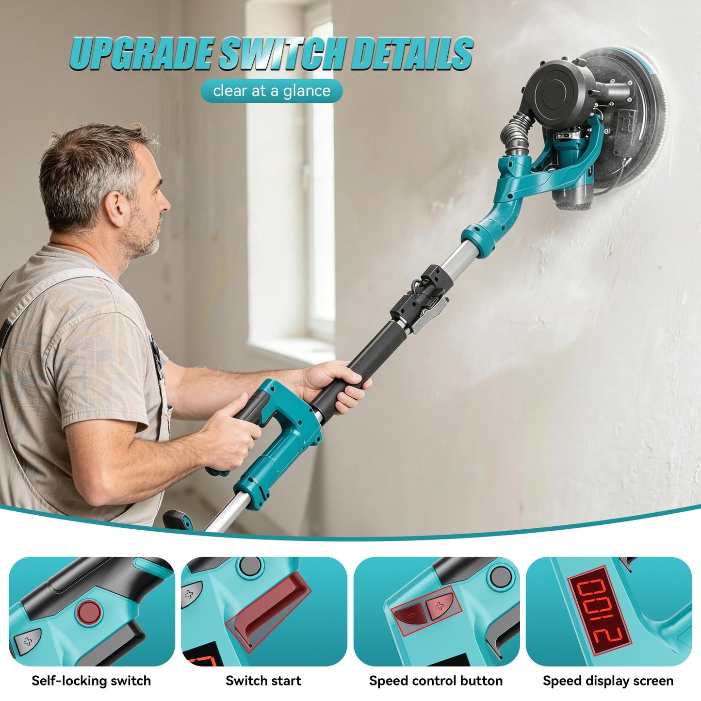 Drywall Sander, 1000W Popcorn Ceiling Removal Tool, Electric Drywall Sander with Vacuum Dust Collection & Digital Display Screen, 30Pcs Sanding Discs, 9 Variable Speed 800-2100RPM, Extendable Handle