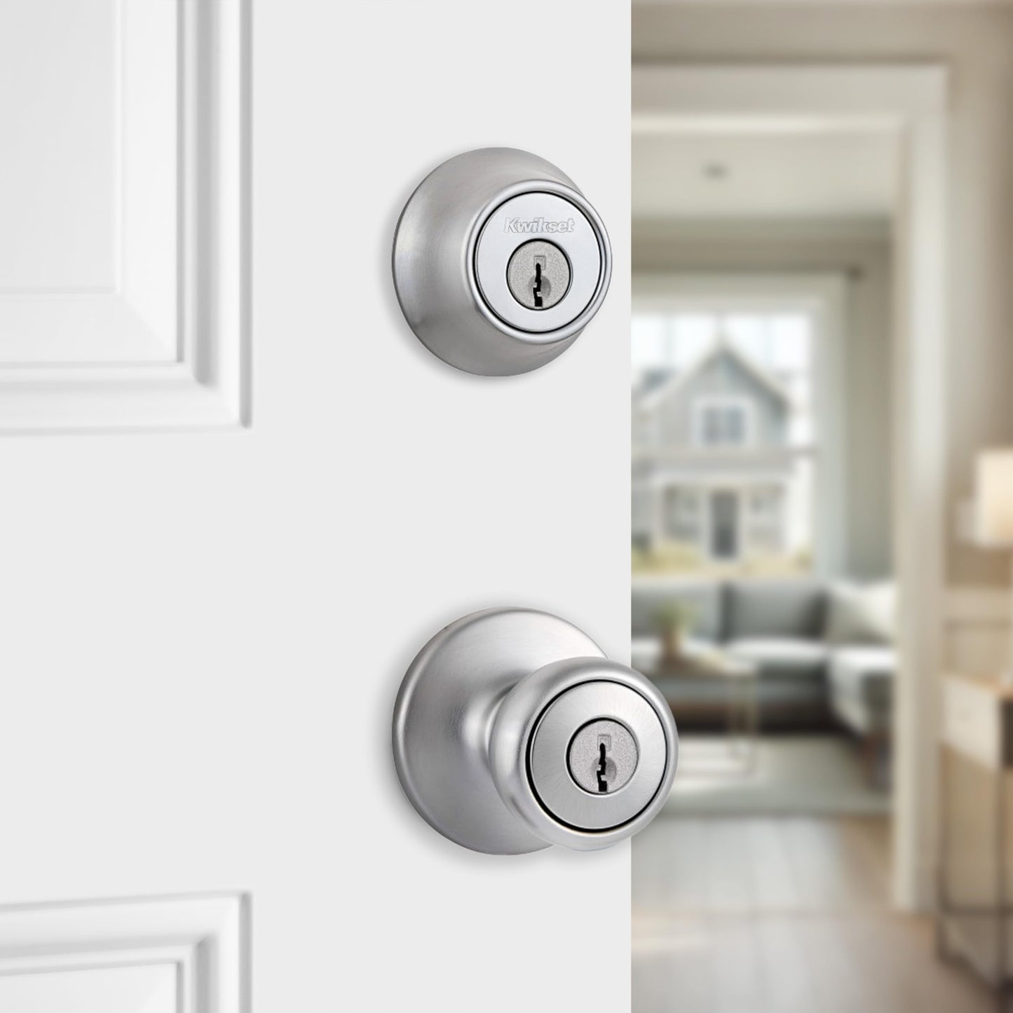 Kwikset Tylo Front Door Knob and Deadbolt Set, Entry Knob Combo Project Pack Exterior with Interior Door Knob, Satin Chrome, Pick Resistant SmartKey Rekey Deadbolt Security