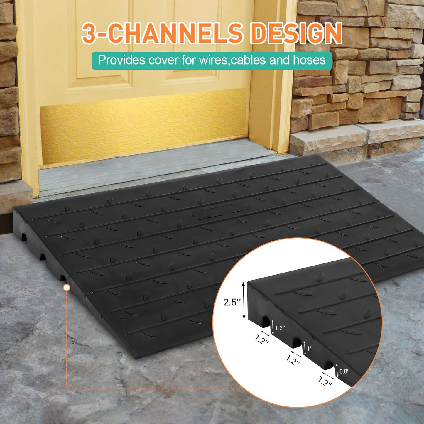 24"x42"x2.5" Rubber Threshold Ramp, 2.5" Rise Portable Wheelchair Ramp, 2500 LBS Capacity for Wheelchairs, Stairs, Steps, Home, Pets, and Doorways, Featuring 3 Channels Cord Cover