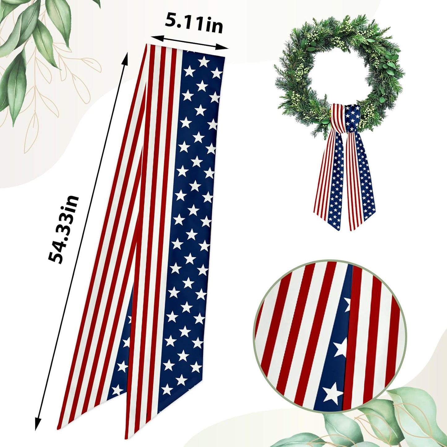 Patriotic Wreath Sash - Red & White Stripe Satin Ribbon | Star Garland for Indoor/Outdoor Decor, 5.1 x 54.3