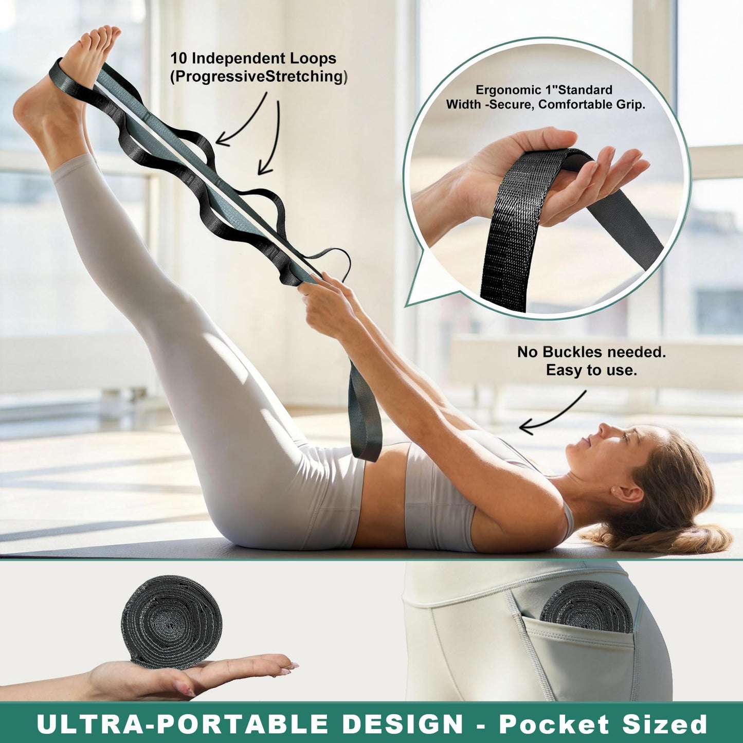 Acozycoo Stretching Strap with 10 Loops – Non-Elastic Yoga Strap for Physical Therapy, Knee Replacement Recovery & Plantar Fasciitis – Leg Stretcher Band for Flexibility & Hamstring Rehab（Black)