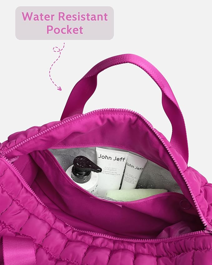 Quilted Duffel Bag for Women, Puffer Gym Duffle Bag with Shoe Compartment Lightweight Large Crossbody Sport Bag Travel Tote Fuchsia