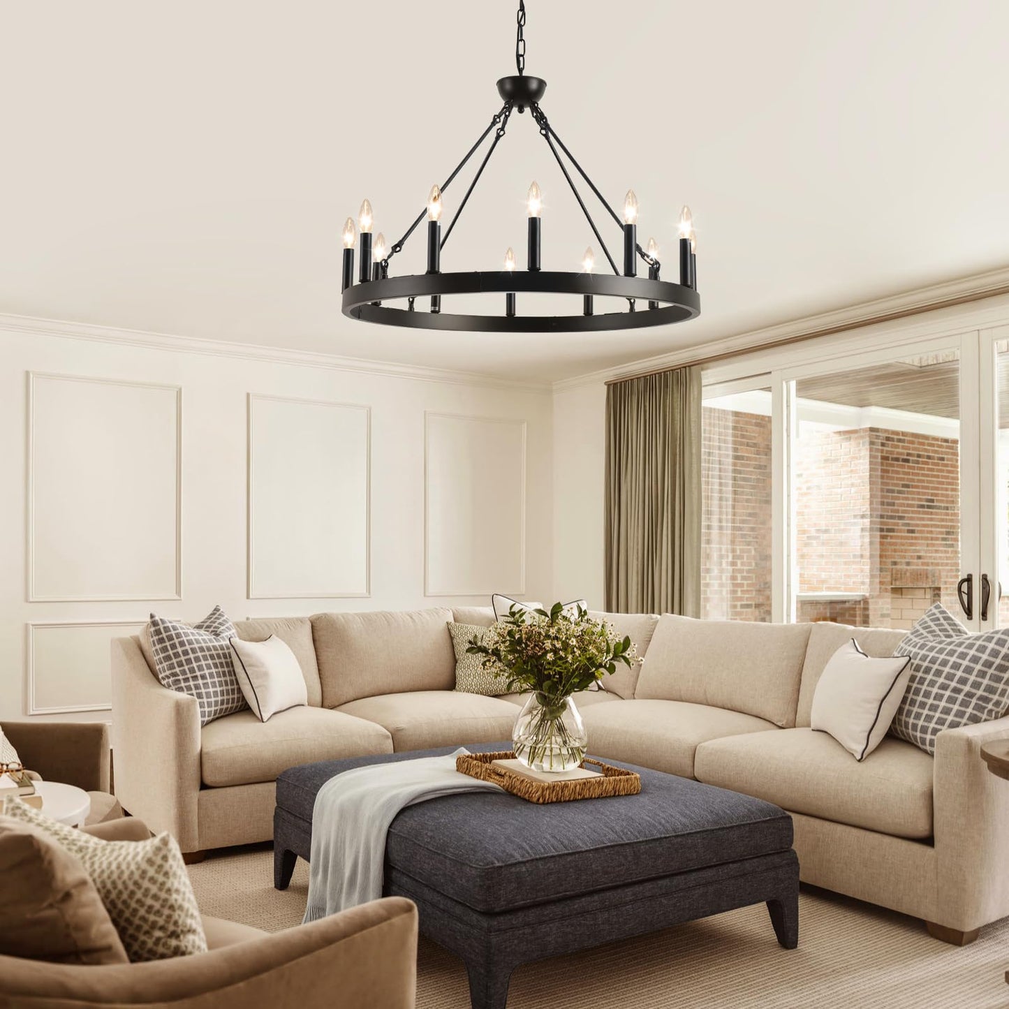 VBKK Wagon Wheel Chandelier 32" 12-Light, Round Black Chandeliers Farmhouse Modern Wagon Wheel Light Fixtures, for High Ceiling Dining Living Room, Foyer, Entryway