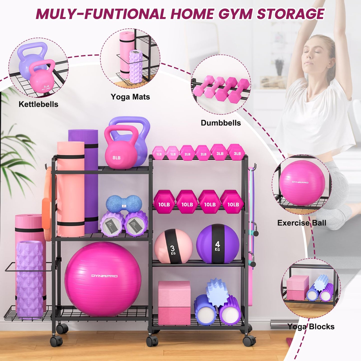 Dumbbell Rack, Weight Rack for Home Gym, Yoga Mat Storage Rack, Exercise Equipment Storage with Wheels and Hooks, Home Gym Equipment Organizer for Kettlebells