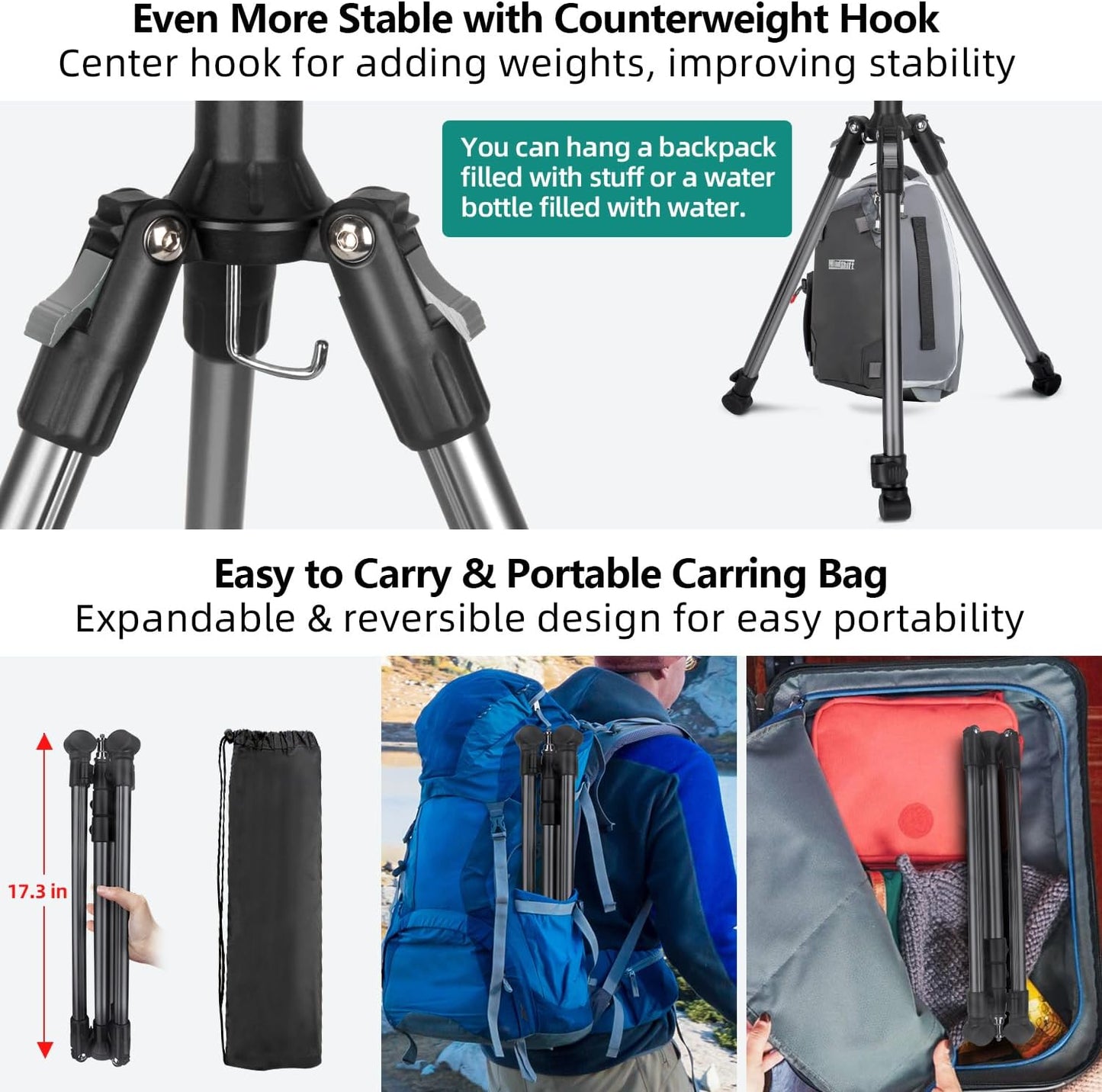 JEBUTU 6.6ft/2m Extendable Photography Light Stand, Adjustable Aluminum Light Tripod Stand for Travel, Reversible