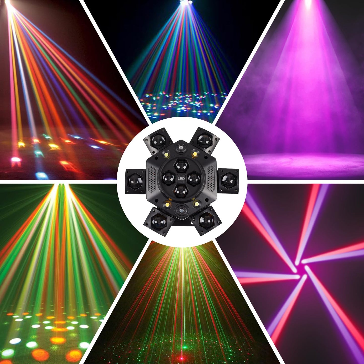 Moving Head DJ Lights, 150W RGBW LED Moving Head Lights, 6 Arms Party Light, 4 in 1 Bee-Eyes Effect Light, Red Green Starry, White & Amber Strobe, Support DMX-512 & Remote for Party Bar Disco Club DJ