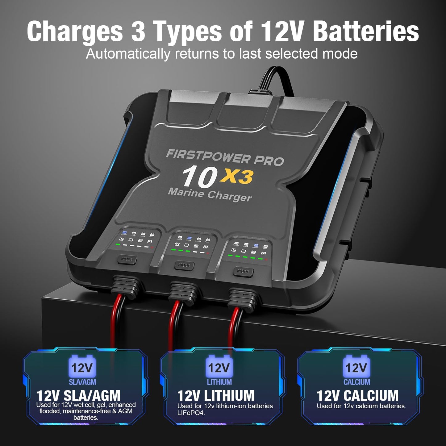 Upgraded 3 Bank Marine Battery Charger 10X3, 30A (10A/Bank) - 12V Waterproof Onboard Battery Charger, Battery Maintainer & Desulfator for SLA/AGM, Lithium (LiFePO4), Calcium & Deep-Cycle Battery
