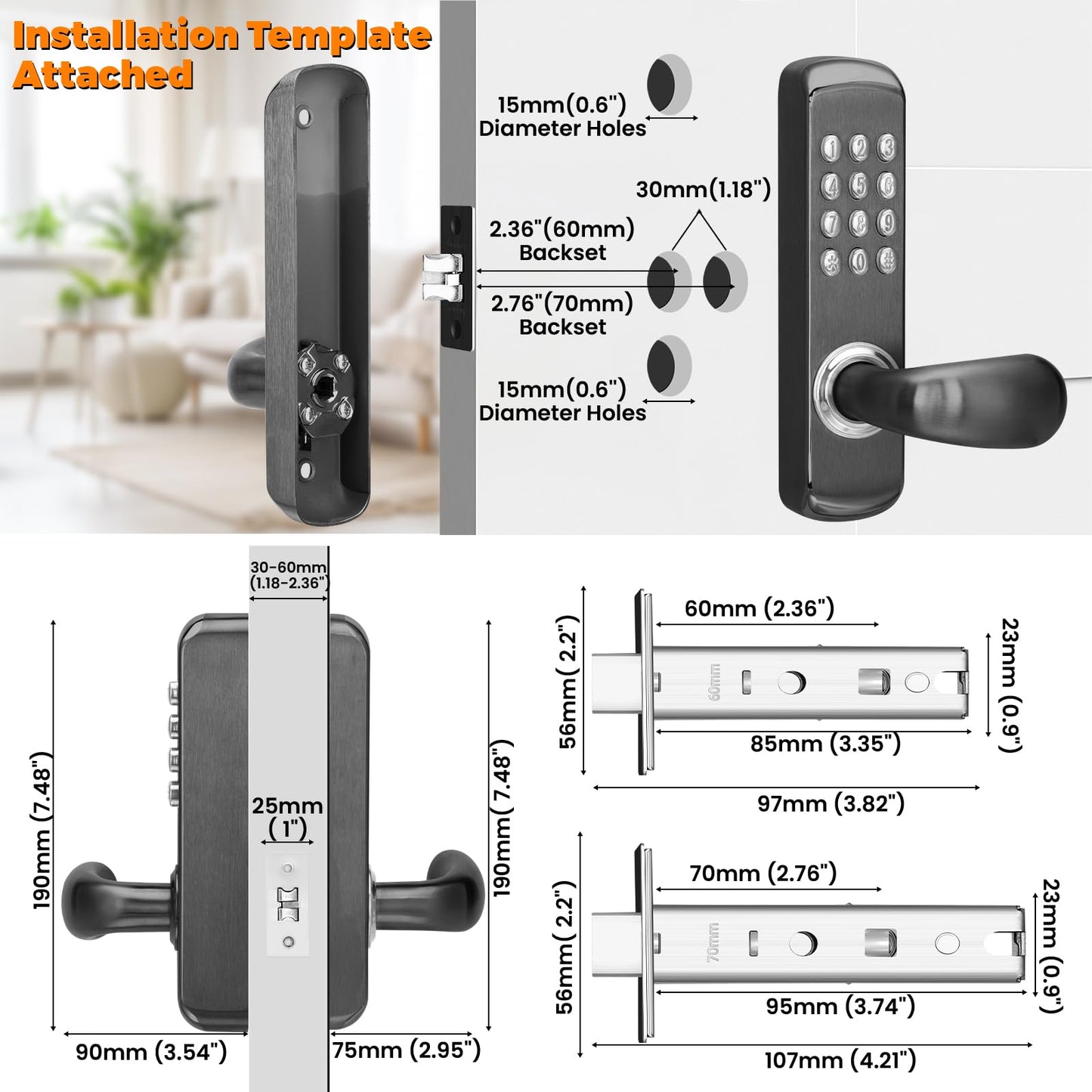 ANNFUZ Stainless Steel Mechanical Digit Keypad Handle Door Lock,Commercial Keyless Push Button Code Door Lever,Single-Sided Combination &Interior Non-Locking,Exterior Auto-Lock,Entry,Outdoor,Black