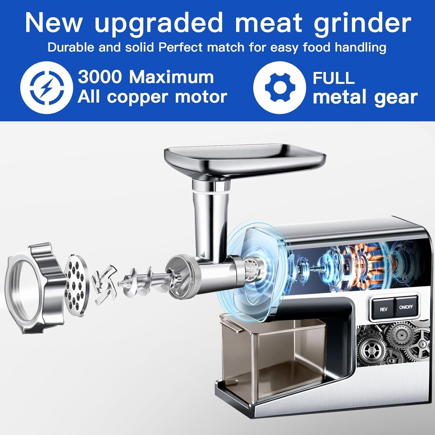 Electric Meat Grinder,3000 Max 304 Stainless Steel Meat Mincer Accessories with 2 Blades,3 Grinding Plates,3 Sausage Stuffer Tubes & Kubbe Kit for Home & Kitchen Use
