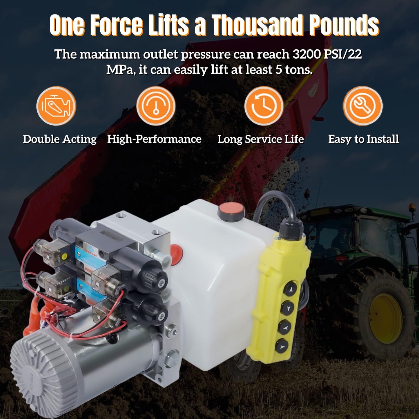 Hydraulic Pump, 4 Way Double Acting Hydraulic Power Unit, 12V DC Double Solenoid Electric Trailer Pump with 4.5 Quart Reservoir for Dump Trailer Car Lifting