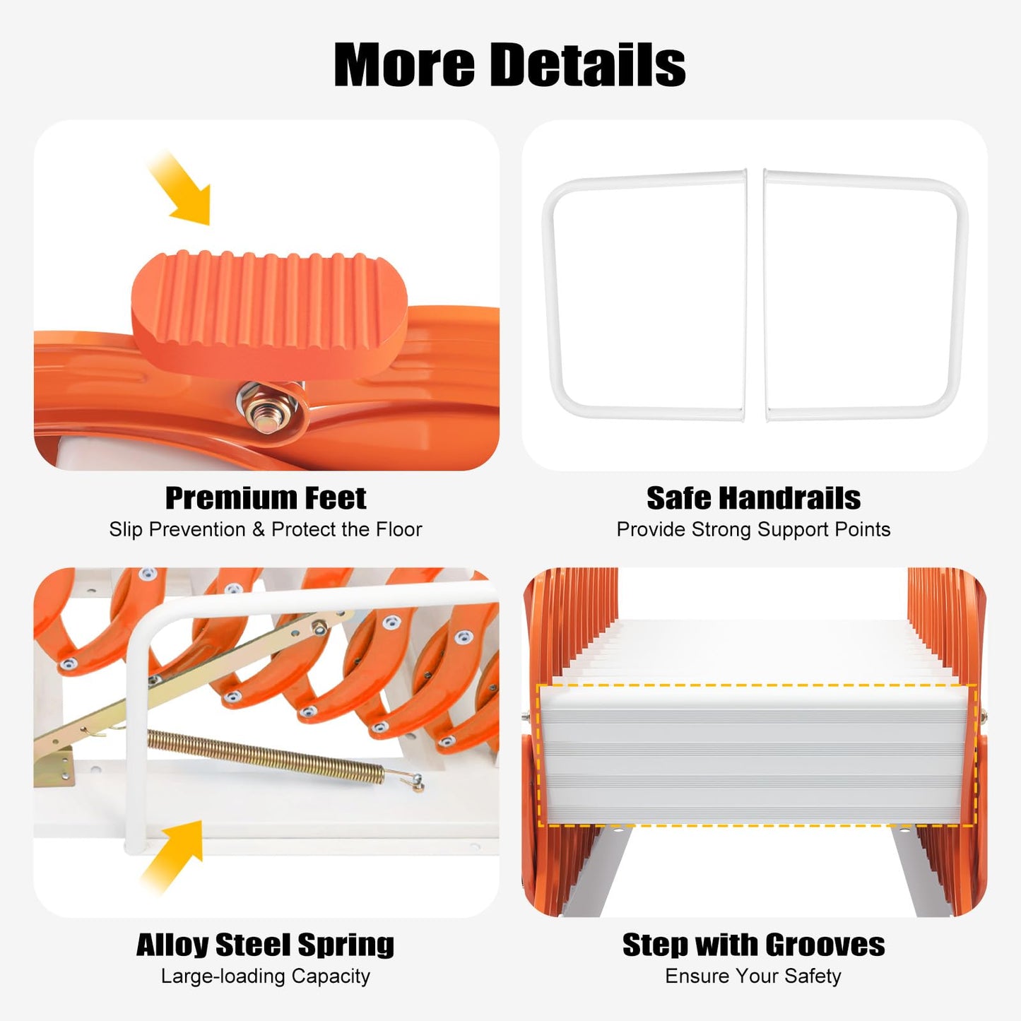 12 Steps Wall Mounted Attic Loft Ladder, Alloy Retractable Telescoping Ladder with Handrails, Folding Ladder Loft Stairs 880lbs Capacity, Attic Pull Down System for Height 9.5-10.17ft, Orange