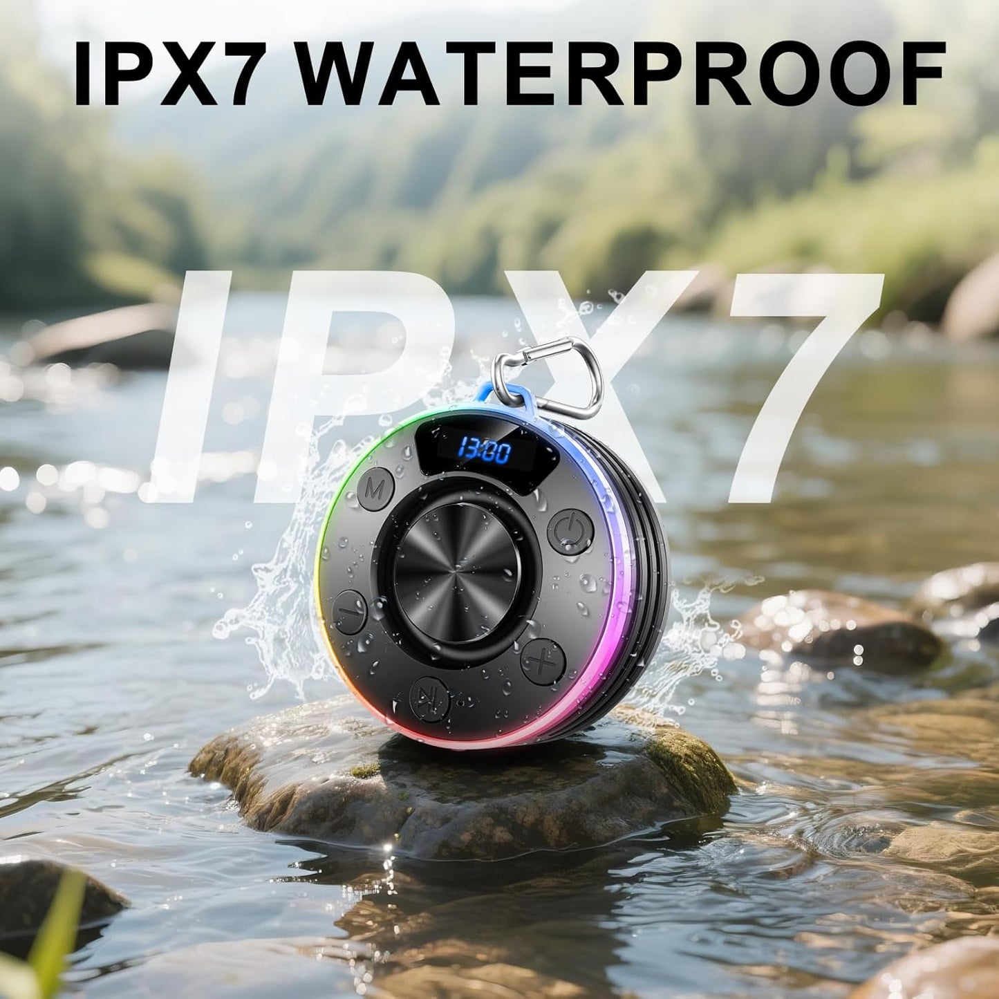 Dyurwa IPX7 Speakers Bluetooth Wireless, Shower Speaker with Lights, Waterproof Bluetooth Speakers with Suction Cup