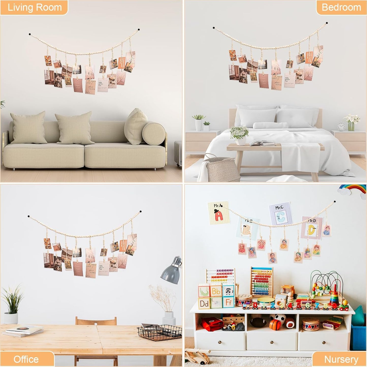 Skiennix Hanging Photo Display - 18 Wooden Clips | Boho Wall Décor for Bedroom & Living Room