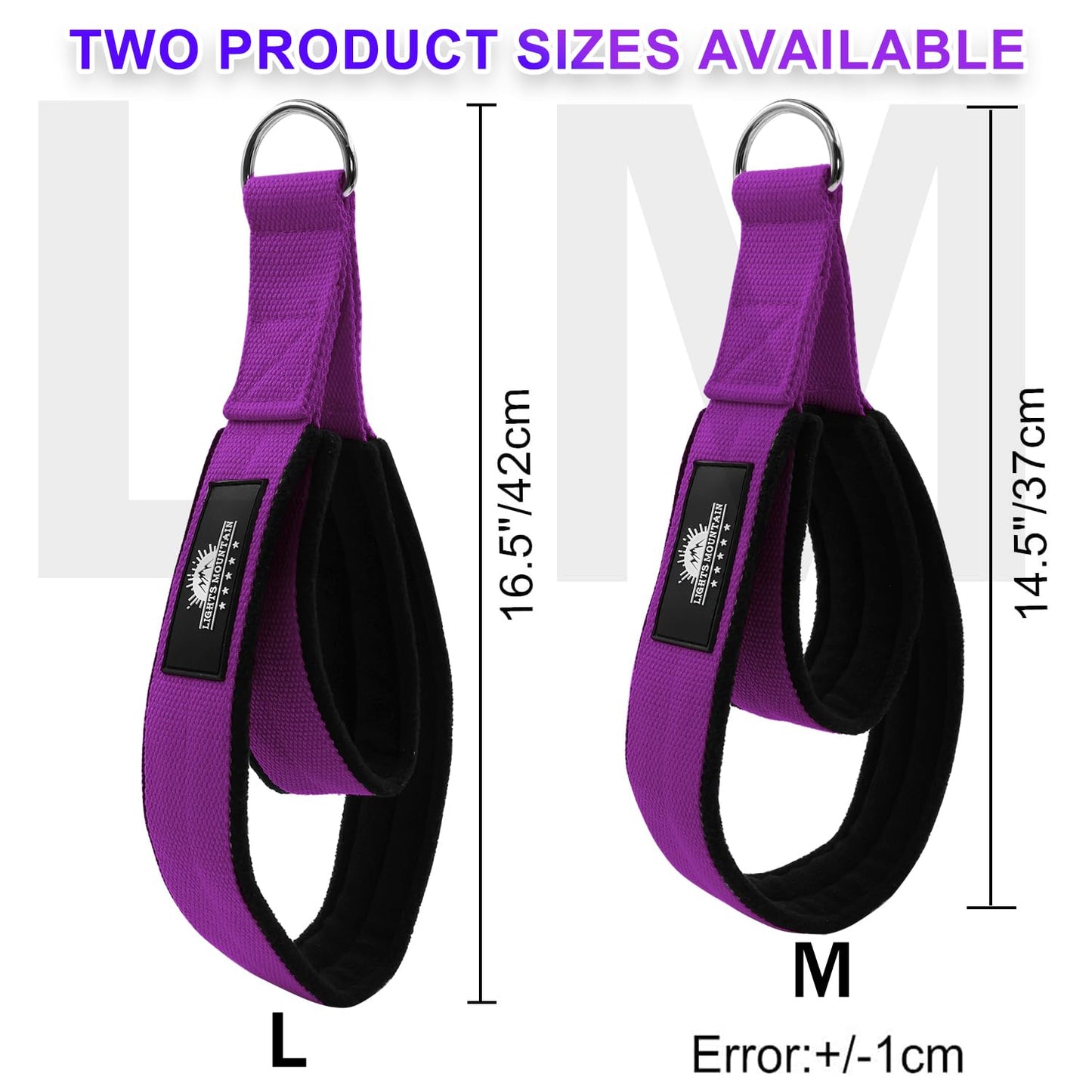 Lights Mountain Durable Pilates Double Loop D-Ring Straps - Padded Handles for Reformer, Yoga & Home Gym Workouts (Purple L)