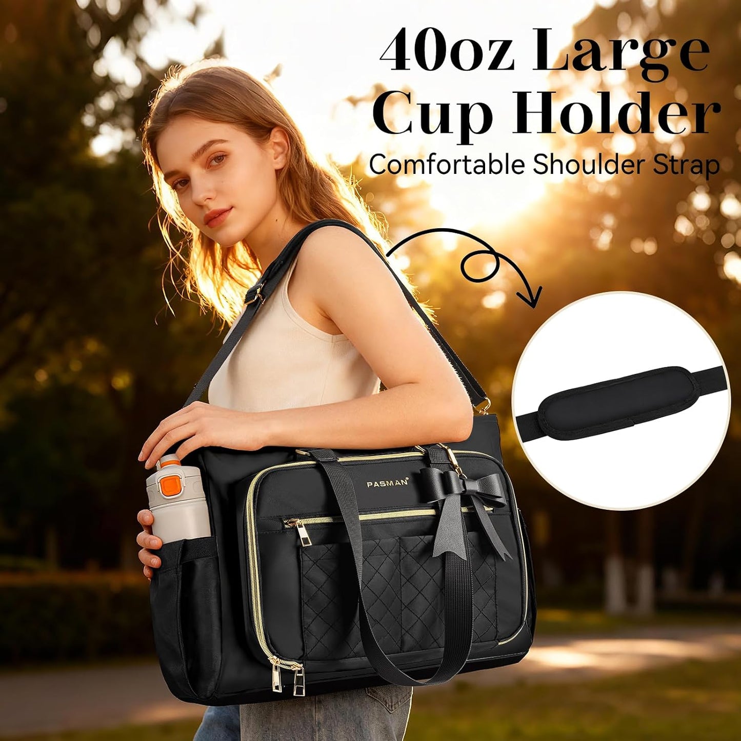 Teacher Tote Bag for Women,Multi-Pocket Laptop & Nurse Work Bag with Cup Holder,Structured Business Briefcase Computer