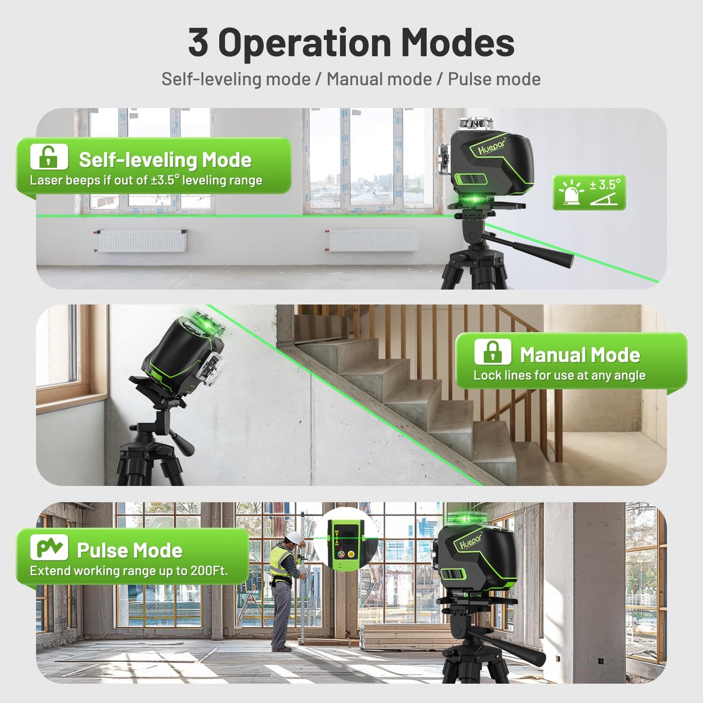 Huepar Laser Level 360 Self Leveling, 4x360° Green 4D Cross Line Laser with LCD Screen, Bluetooth Outdoor Pulse Mode Laser Tool for Construction -Remote Control, Rechargeable or 4 AA Batteries-S04CG