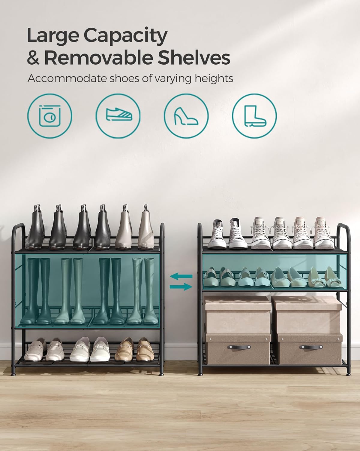 SONGMICS 4-Tier Stackable Shoe Rack - Adjustable Metal Storage Shelf for 16 Pairs | Black