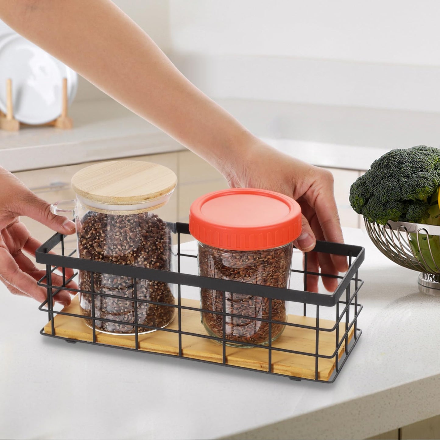 2 Pack Small Wire Baskets, Narrow Rustic Storage Bin for Bathroom Counter, Farmhouse RectangleOrganizer Tray for Kitchen Countertop, Pantry, RV, Office Decorative