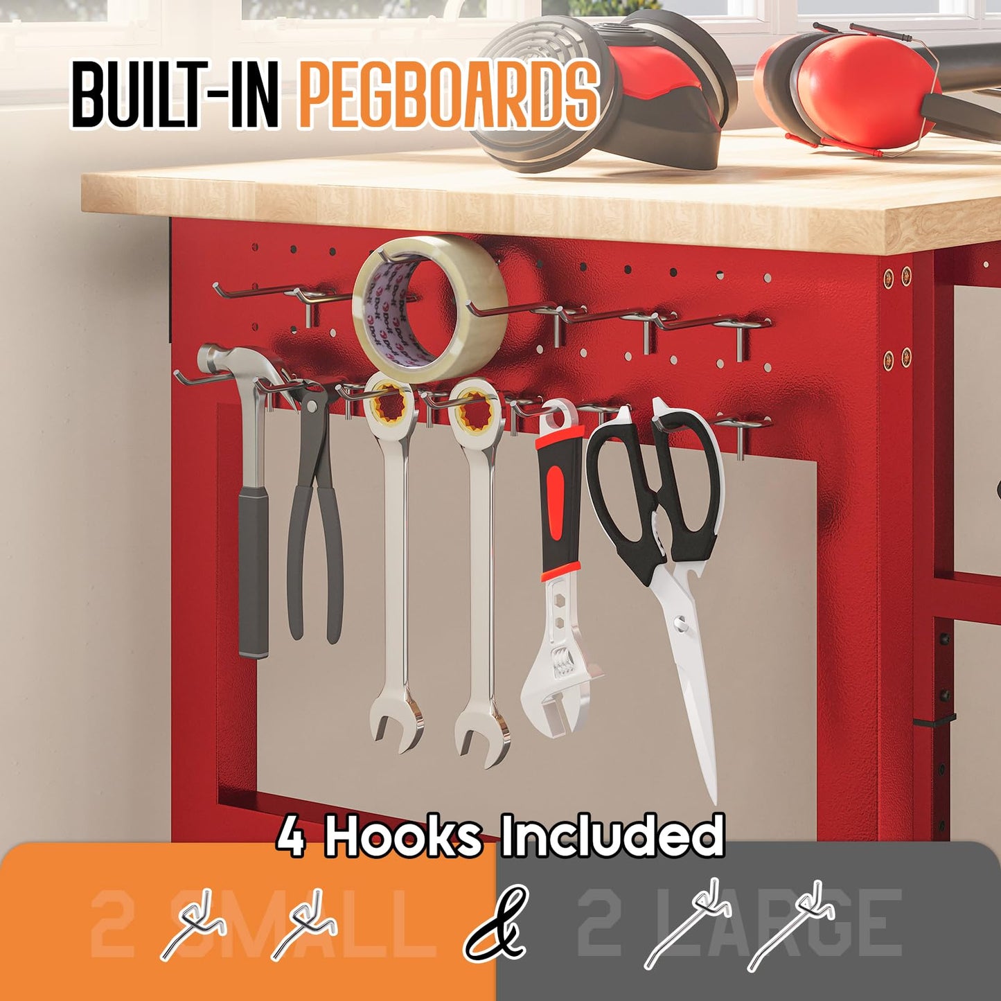 SPECRAFT Red Adjustable Heavy Duty Workbench with 4 AC Outlet and 2 USB Ports Power Outlets, 2000 Lbs Capacity, Rubber Wood Top for Garage, Workshop, Office