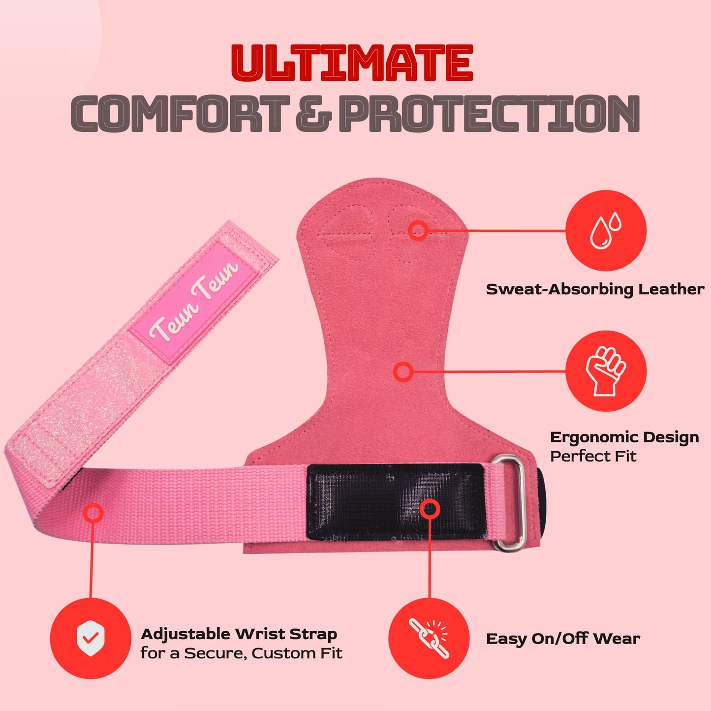 Teun Teun Glitter Wrist Straps for Weightlifting Pink Leather Gym Lifting Straps for Deadlifts, Weight Grips with Neoprene Padded Wrist Wraps Support