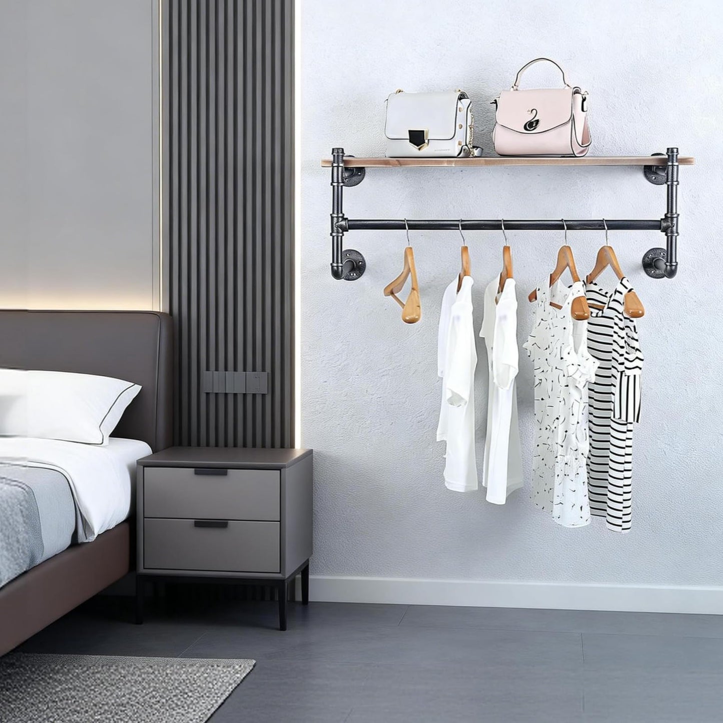 OLDRAINBOW Industrial Pipe Clothing Rack Wall Mounted with Real Wood Shelf,Pipe Shelving Floating Shelves Wall Shelf,36in Retail Clothes Racks Display Rack
