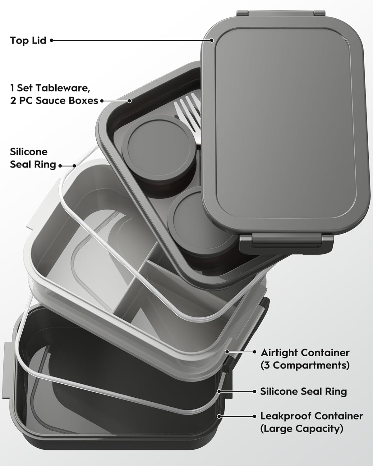 Skiennix Bento Box - Insulated Lunch Bag, 74oz Capacity, 3 Stackable, Leak-Proof, BPA-Free, Microwave Safe | Dusk Gray