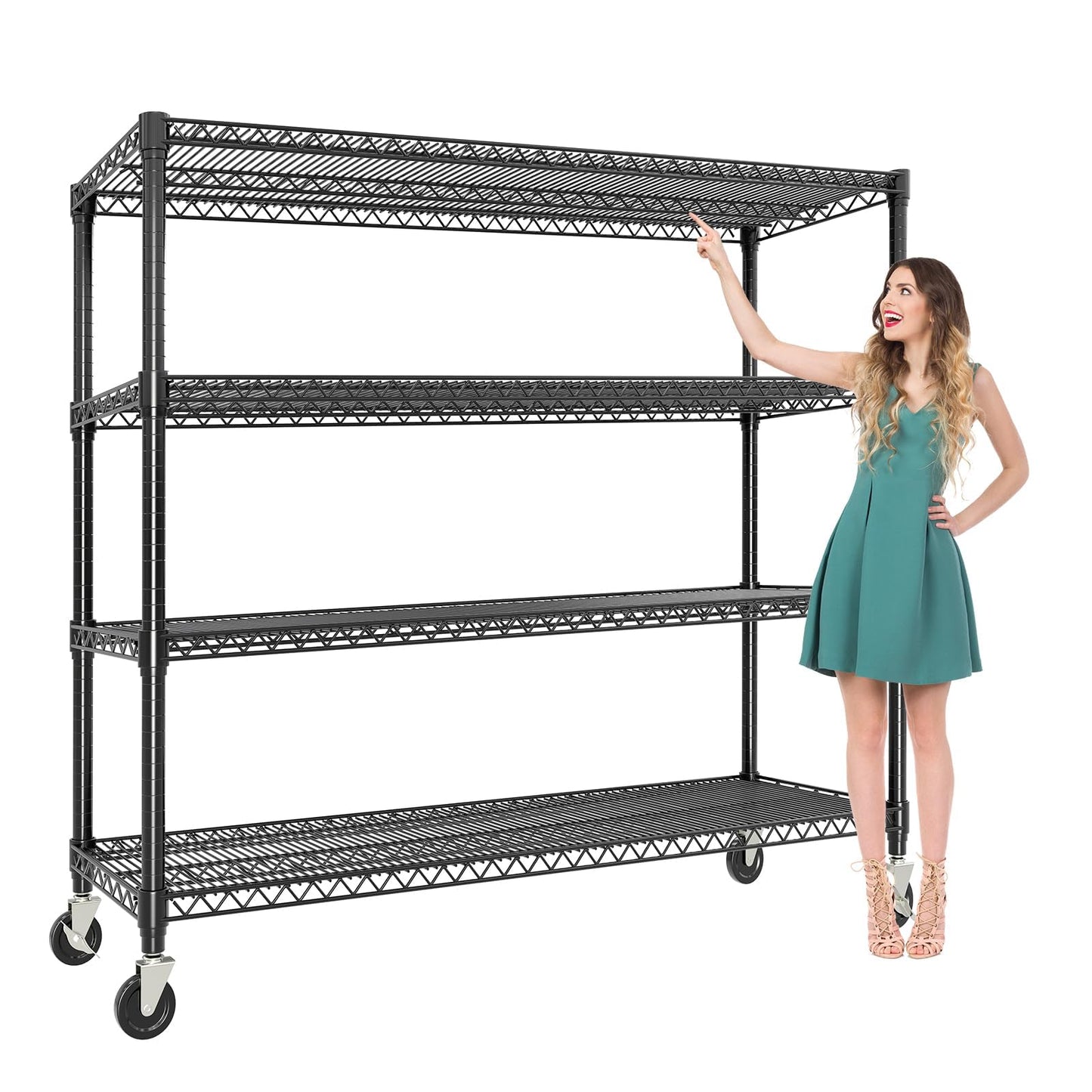 72" H x 59" W x 18" D Storage Shelves with Wheels, 4 Tier Adjustable Wire Shelving Unit, 2640 Lbs Capacity Heavy Duty Metal Storage Rack for Garage, Pantry, Kitchen, Warehouse, Commercial Use