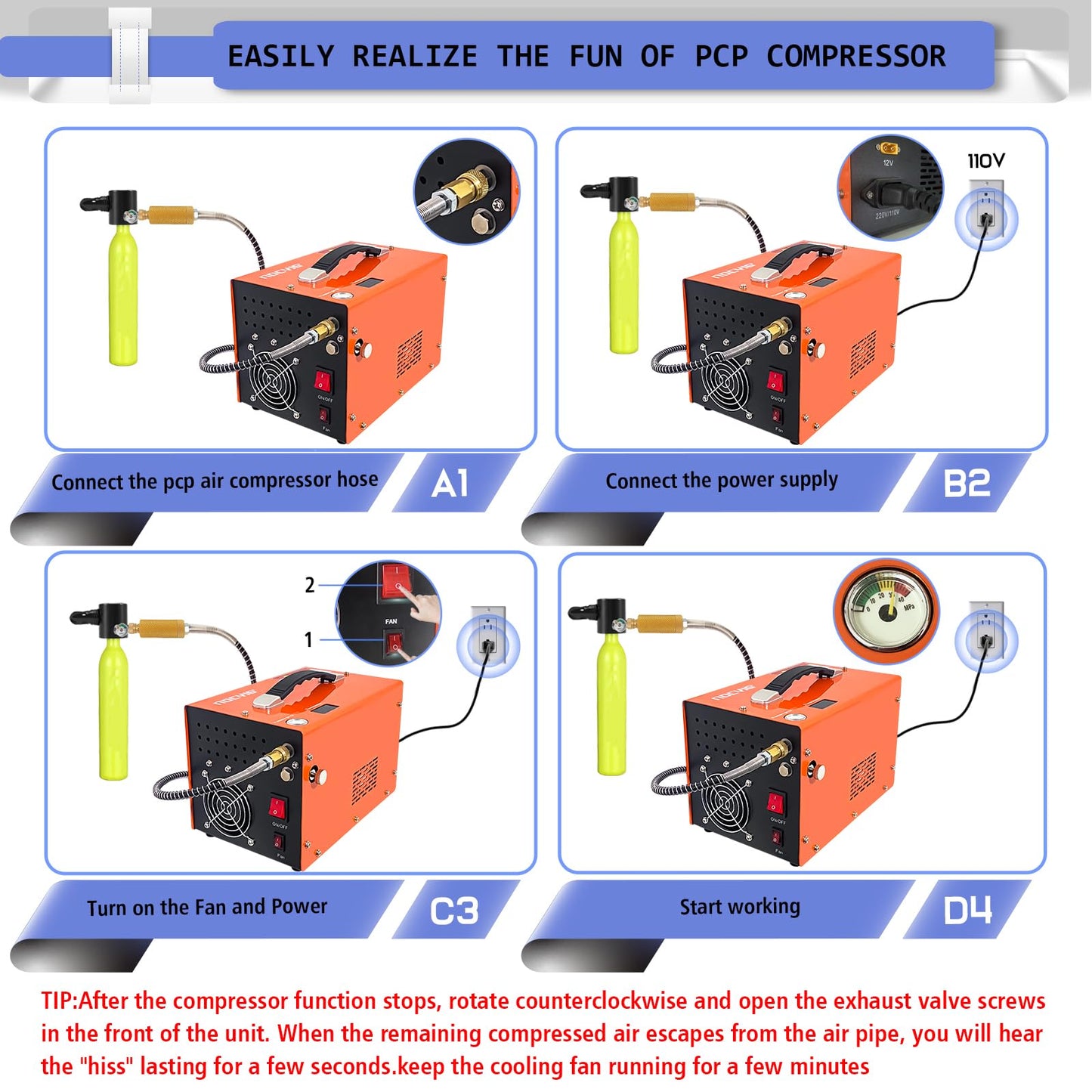NDCYJG PCP Air Compressor 4500Psi 30Mpa Waterless/oil-free Air Pump Rifle Pistol Paintball Tank Power Supply Built-in 12V car DC 110V AC Household with Power Converter And Oil Wet Filter Easy To Carry