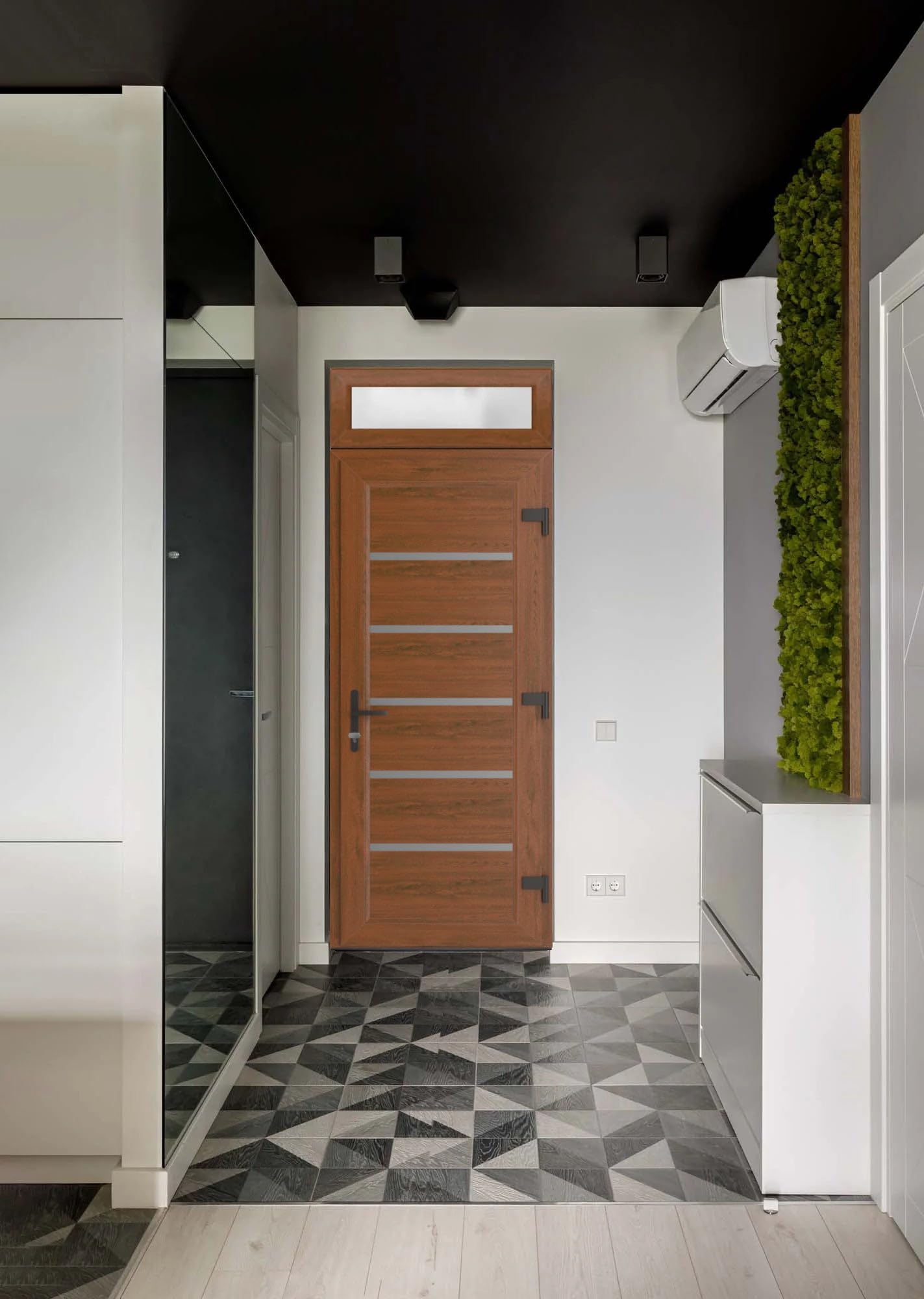 VDOMDOORS Front Exterior Prehung Metal-Plastic Door | Manux 8415 Walnut | Top Sidelite Transom | Residential Doors Entrance Patio Garage 36 x 94 (W36 x H80+14) Left-Inswing