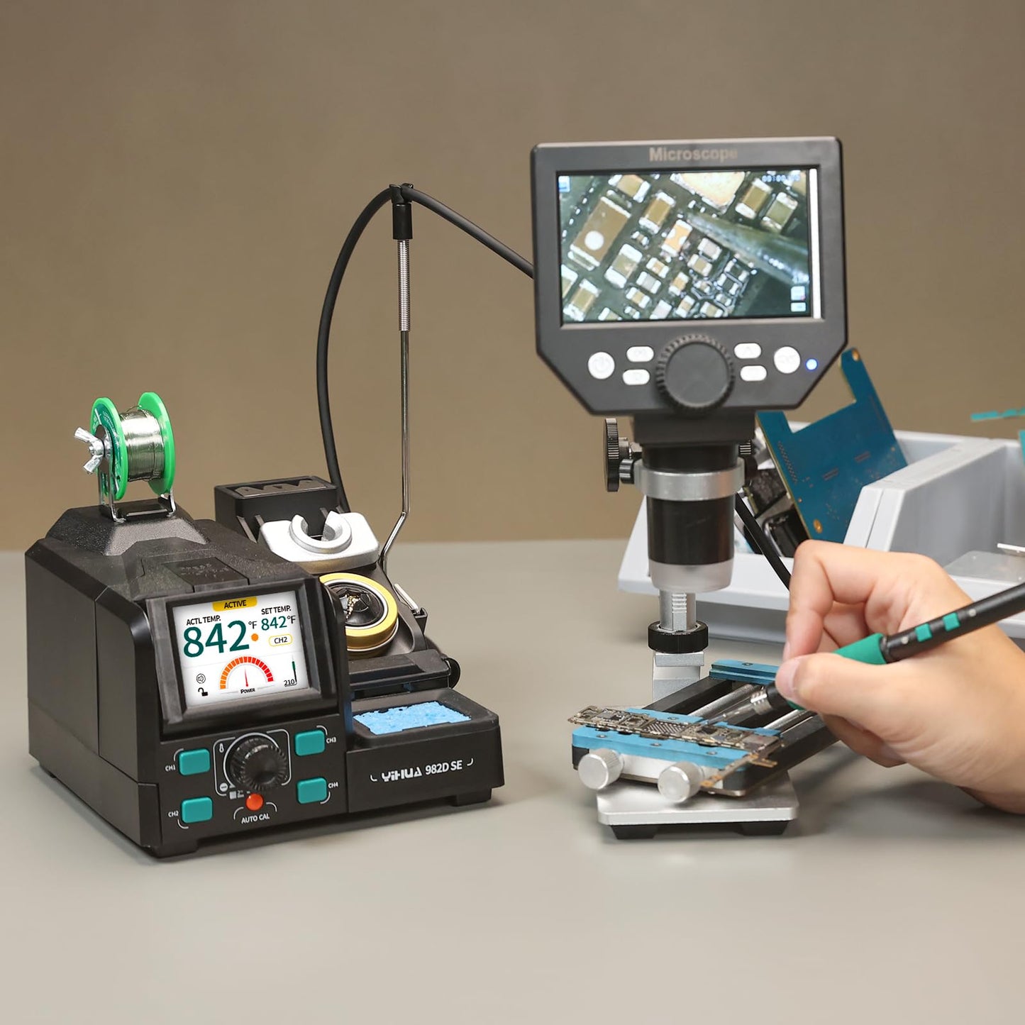 YIHUA 982D SE 200W Micro Soldering Kit with Precision Soldering Iron Station with 4 Soldering Tips, Lead-Free Solder, Auto Temperature Calibration Function