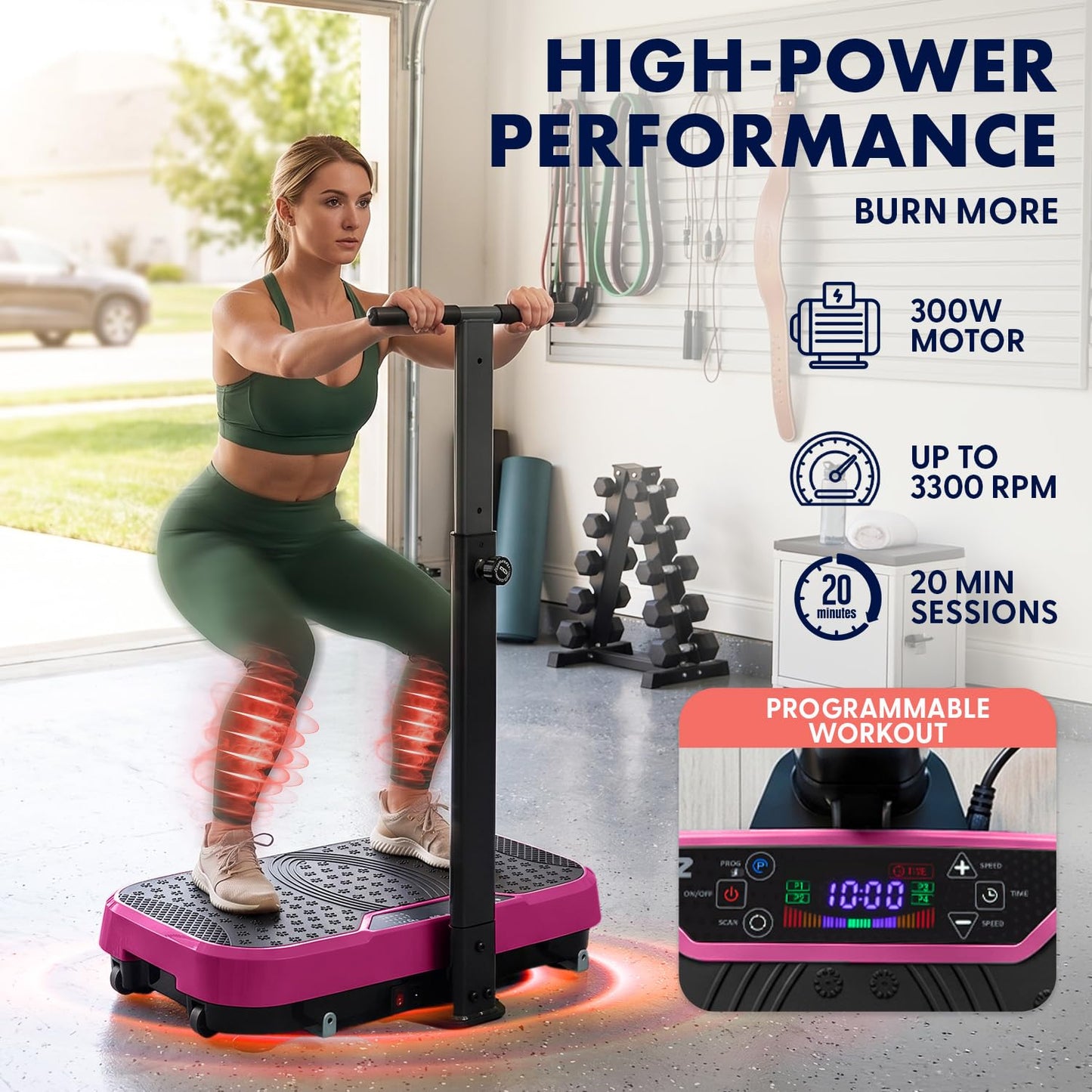 SQUATZ Vibration Plate Exercise Machine with Handlebar, Vibration Plate with Handles, 1-99 Speed Levels, 10 Preset Programs, Low-Impact Home Fitness Platform with Remote, Portable Design, Pink