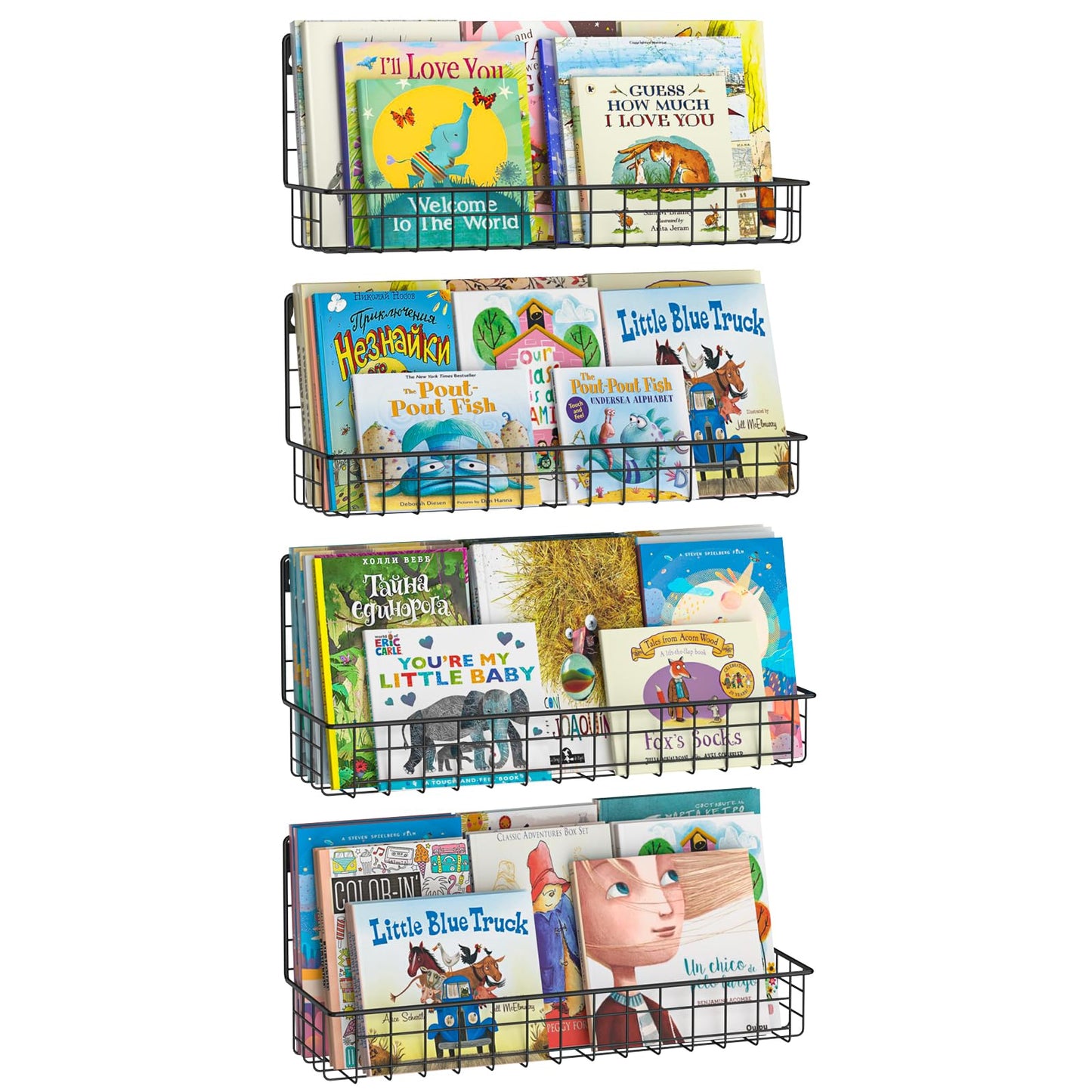 X-cosrack 4-Pack Wall Mounted Metal Kids Bookshelf, Floating Book Shelves for Kids Nursery Toddler Classroom, Hanging Book Shelf Organizer for Room Decor, Black