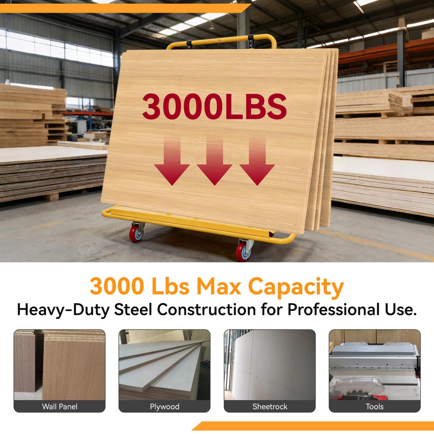 FULUPET Heavy Duty Drywall Sheet Cart, 3000 lbs Capacity Professional Panel Dolly,45.6"x 21.5" Deck and Industrial Swivel Casters, Rolling Wallboard and Plywood Trolley for Construction, Warehouse