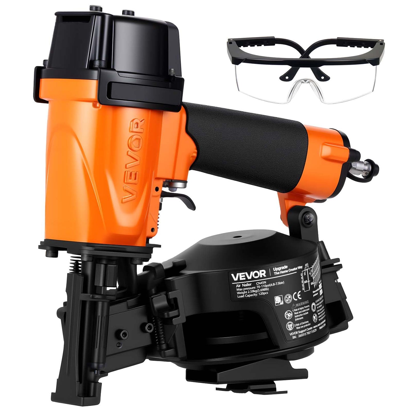 VEVOR Professional Roofing Nailer CN45N, 3/4" to 1-3/4" 15 Degree Air Roofing Nail Gun, 4–5 Nails/S Ultra-Fast Nailing, 70-110 PSI Pneumatic Coil Nailer for Asphalt Shingles, Roof Sheathing
