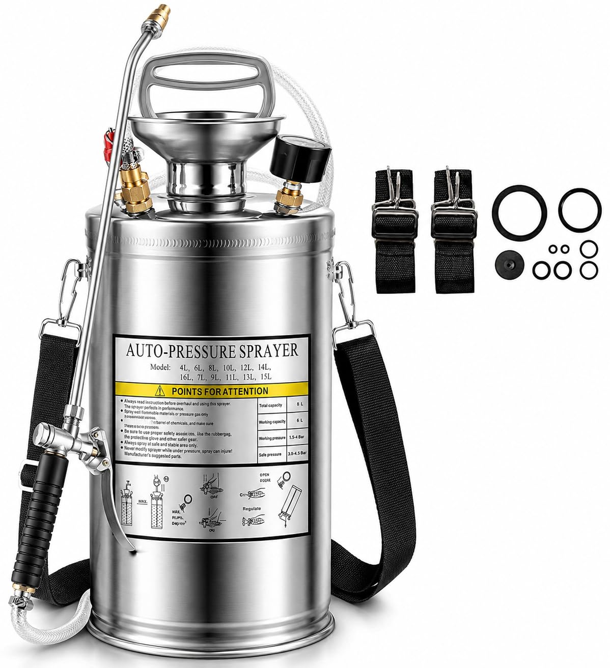 3.5 Gallon Stainless Steel Sprayer, Hand Metal Pump Up Sprayer Reinforced Hose with Pressure Gauge, Safety Valve & Adjustable Nozzle, Garden Weed Sprayers for Lawn, Gardening, Sanitizing