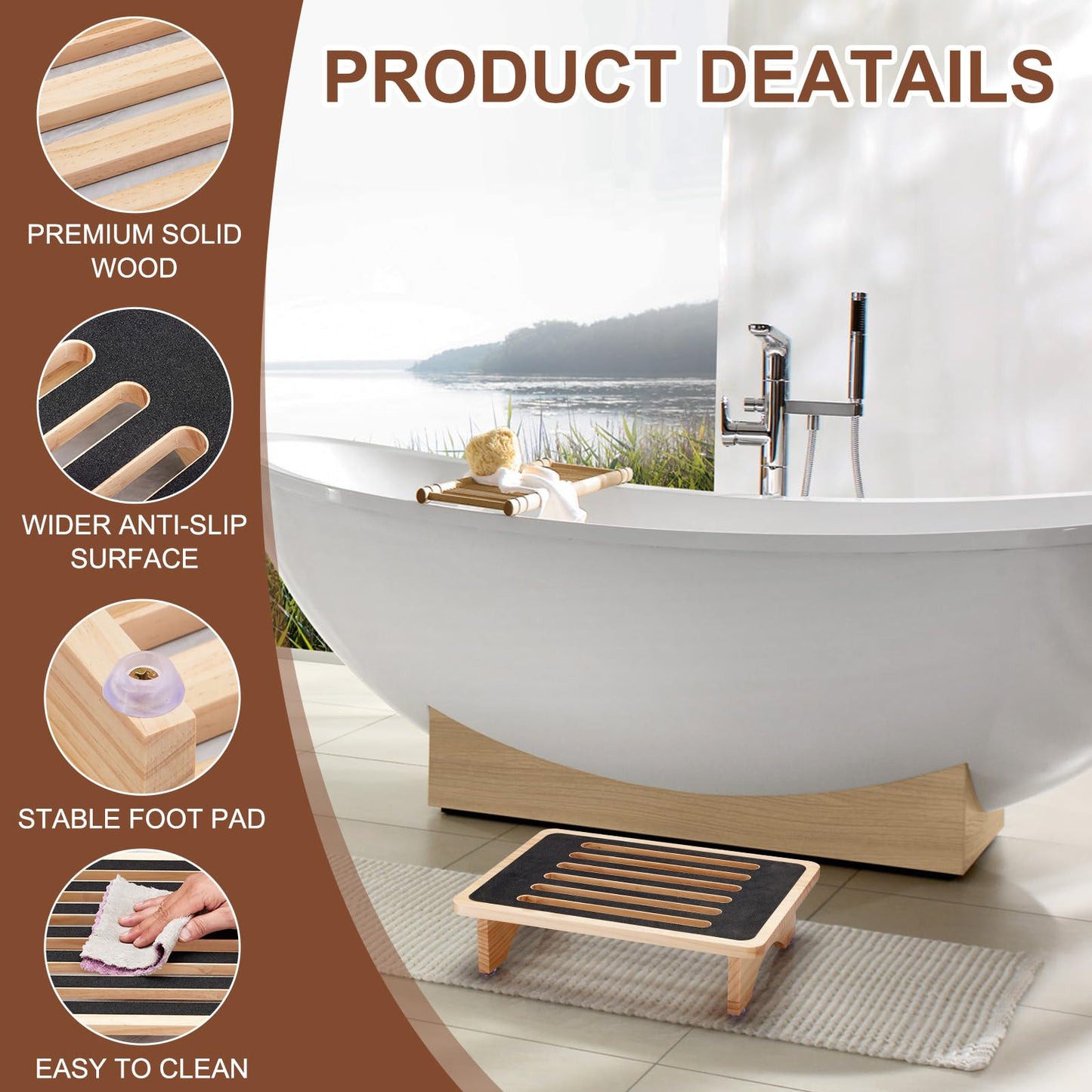 One Step Stool for Adults Seniors, Non-Slip Rubber Step Surface Heavy Duty Wooden Stepping Stool, Perfect Bed Steps for High Beds & Daily Use
