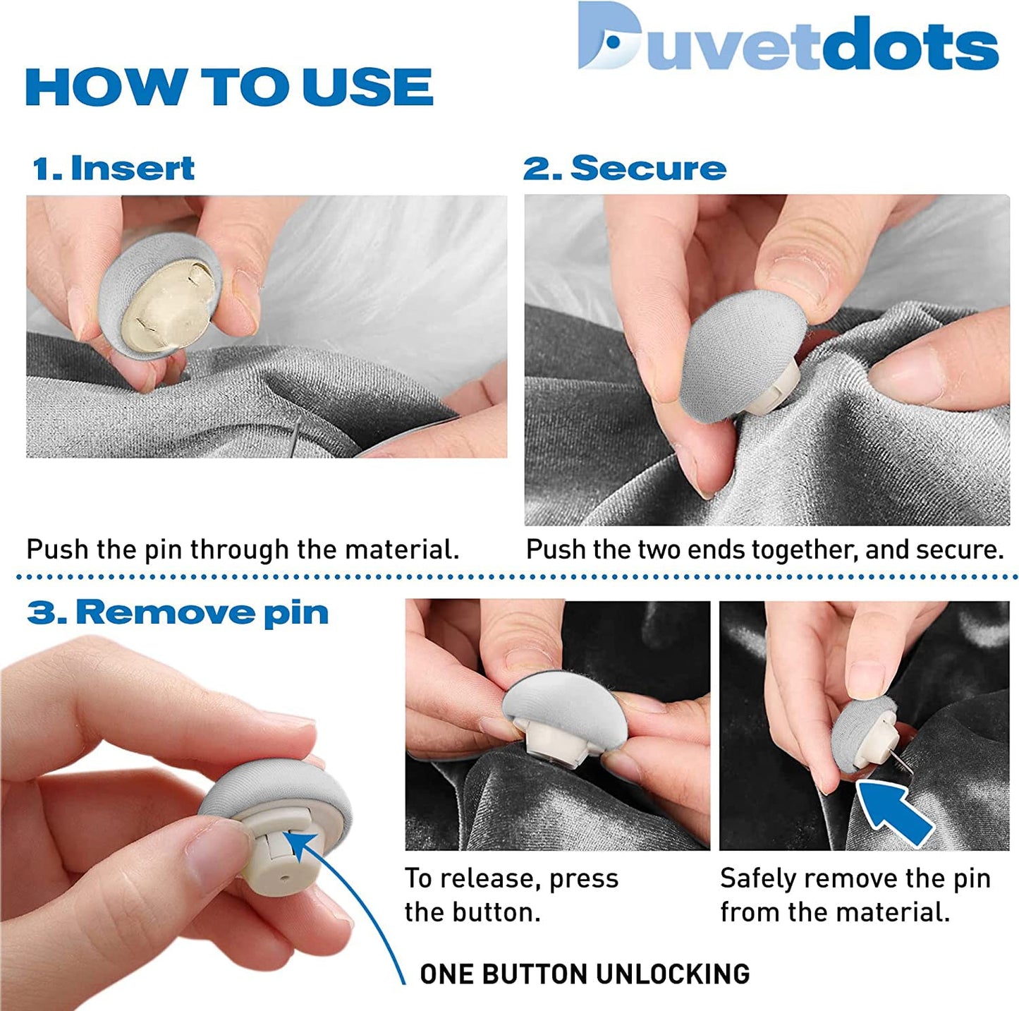 Duvetdots Gray Keyless Duvet Clips, No Key Needed. Pack of 8 Comforter Fasteners That are Safe Locking, Low Profile Egyptian Cotton Bedding Pins Holds up to 10lbs, Clamps Keeps Comforter From Shifting