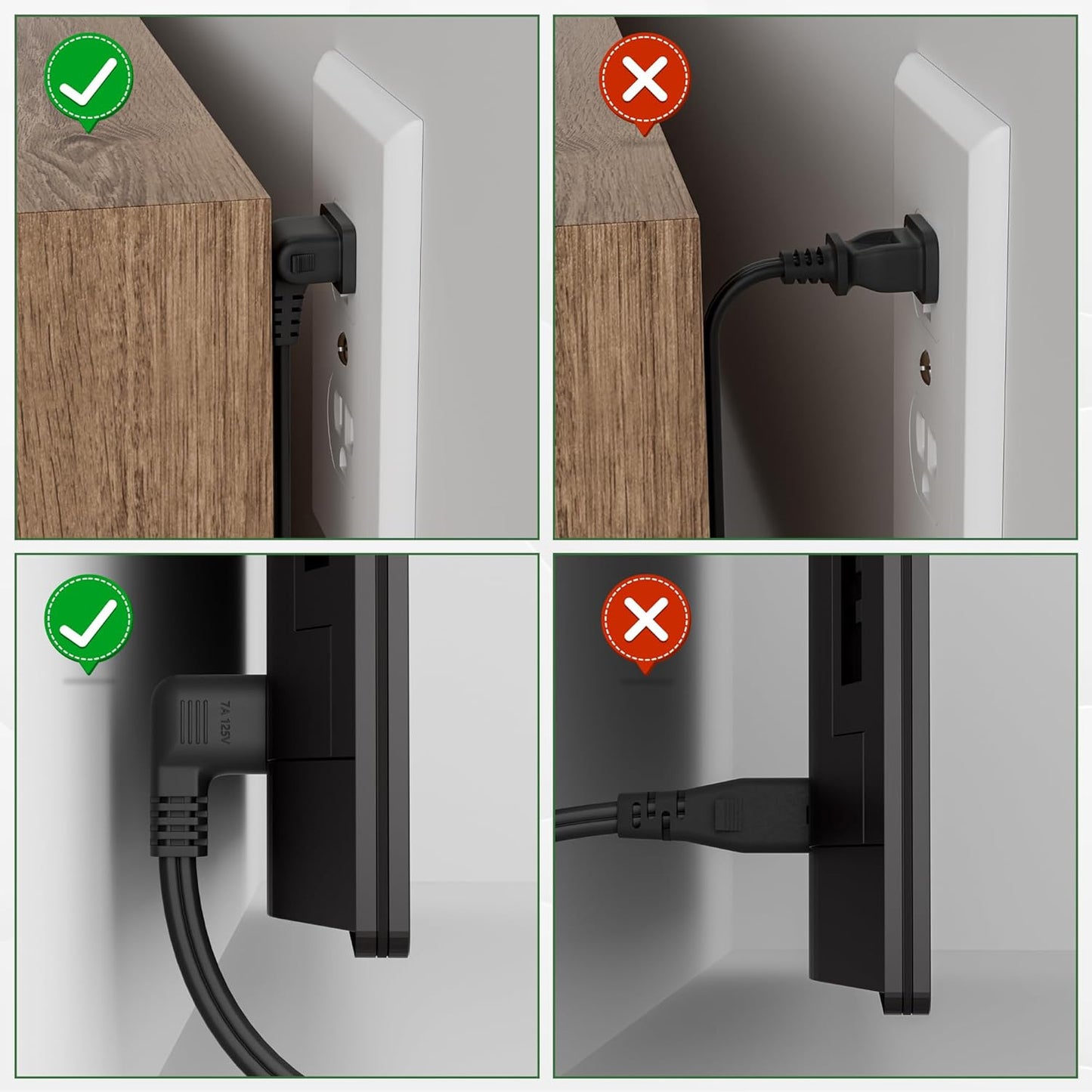 Conable 2-Slot 8 (2-Pack), 90 IEC320 C7 1-15P, 2 8, 2 Pack Angled Non-Polarized Angle Power Cord FT Degree L-Shaped TV