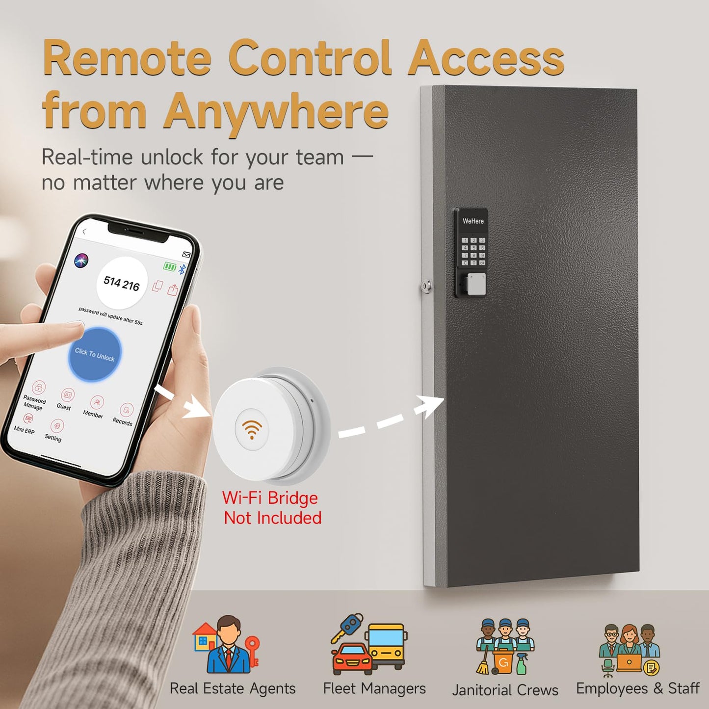 DiDiHere 120-Key Smart Key Lock Box, Wall-Mount Key Cabinet with Key Management App(Track Key Borrow/Return), Keypad, Bluetooth & WiFi Unlock (Sold Separately) for Commercial, School, Rental, Office